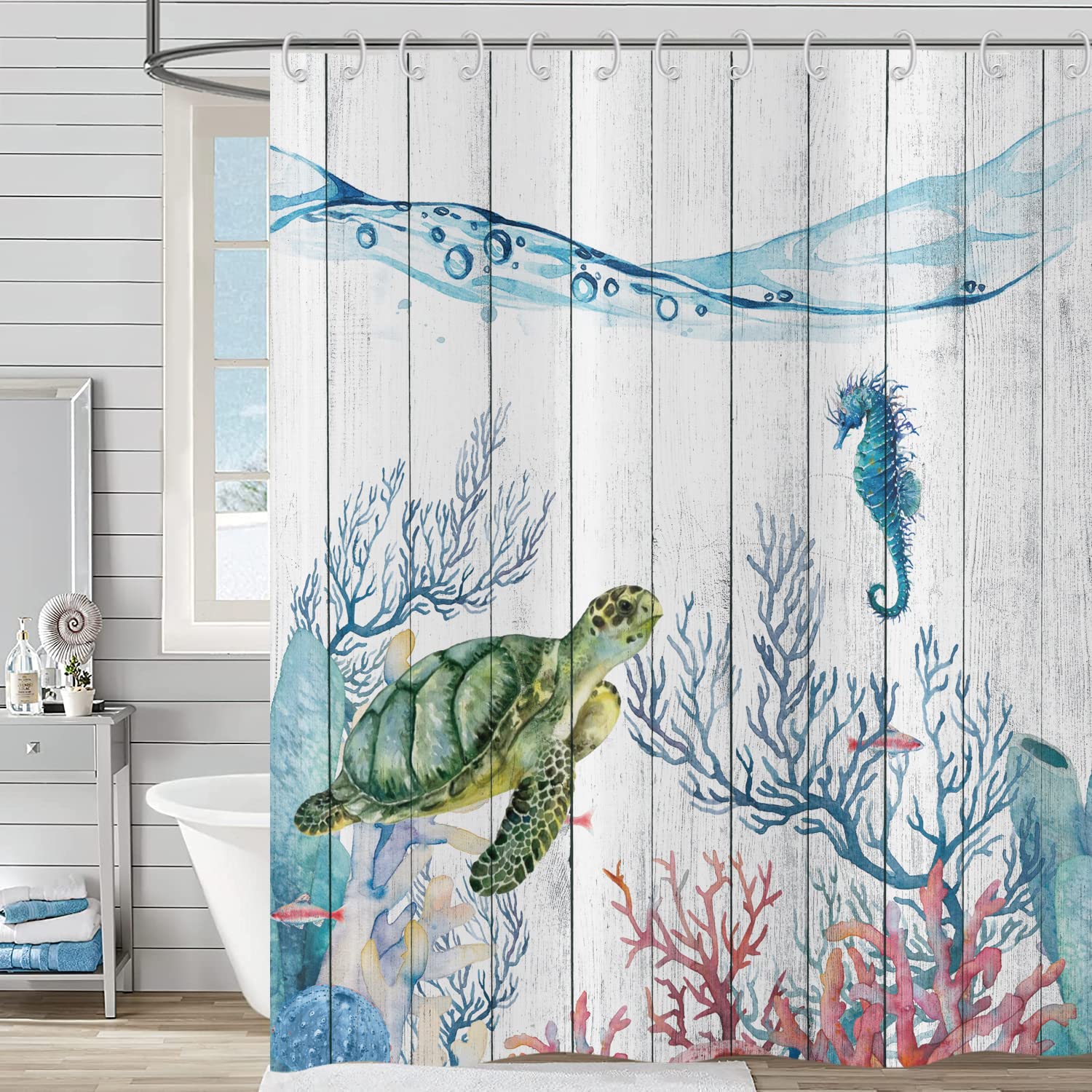 Hnmdmyi Sea Turtle Shower Curtain 90x180, Underwater Coral Aquatic Plants Ocean Nautical Shower Curtains Rustic Wooden Board Bathroom Curtains Waterproof Polyester Fabric Washable Bath Curtains