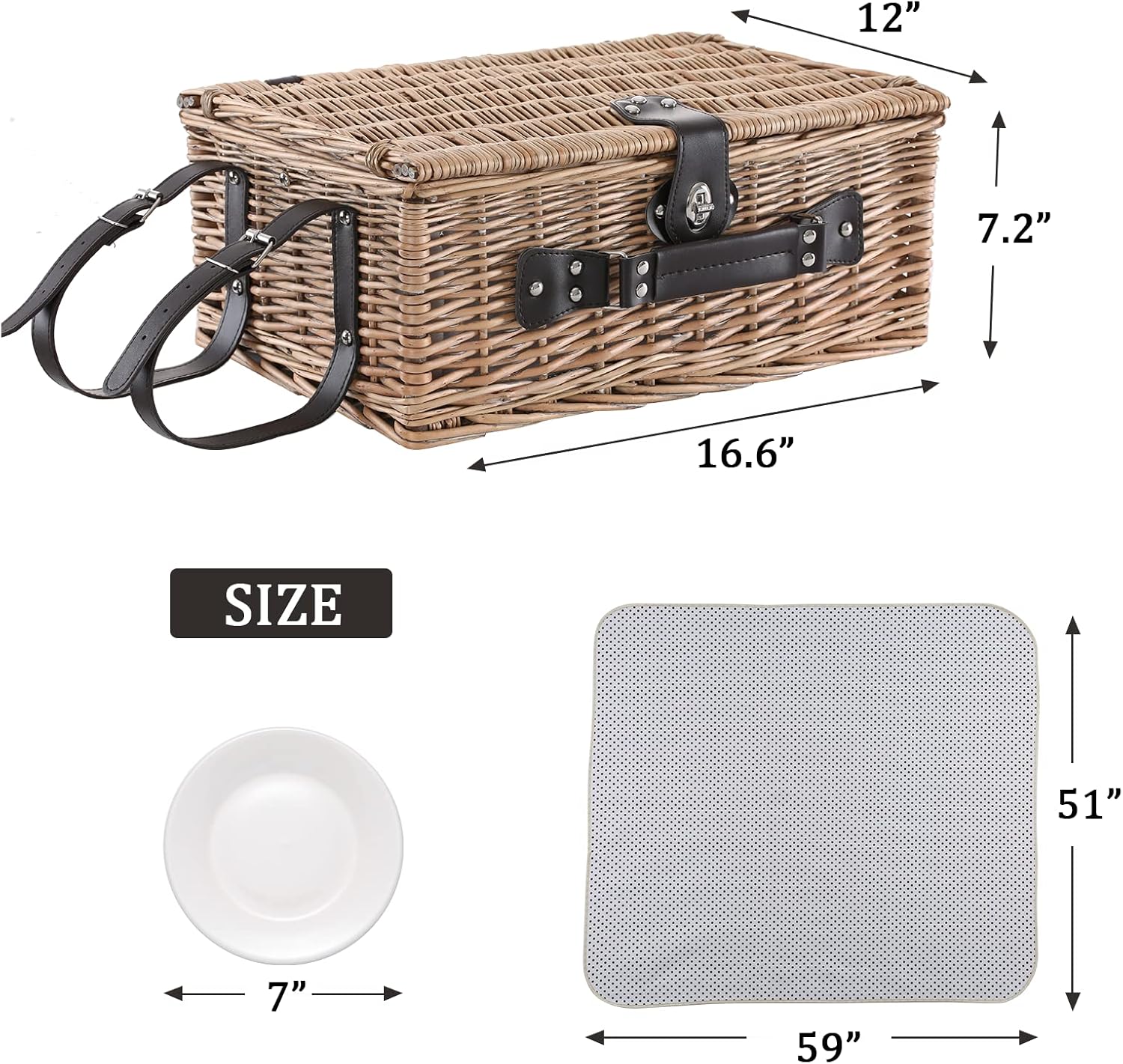 Picnic Basket for 4 Persons with Waterproof Picnic Blanket and Insulated Cooler, Large Wicker Picnic Basket for Camping, Outdoors, Valentine's Day, Christmas, Birthday, Wedding Gift