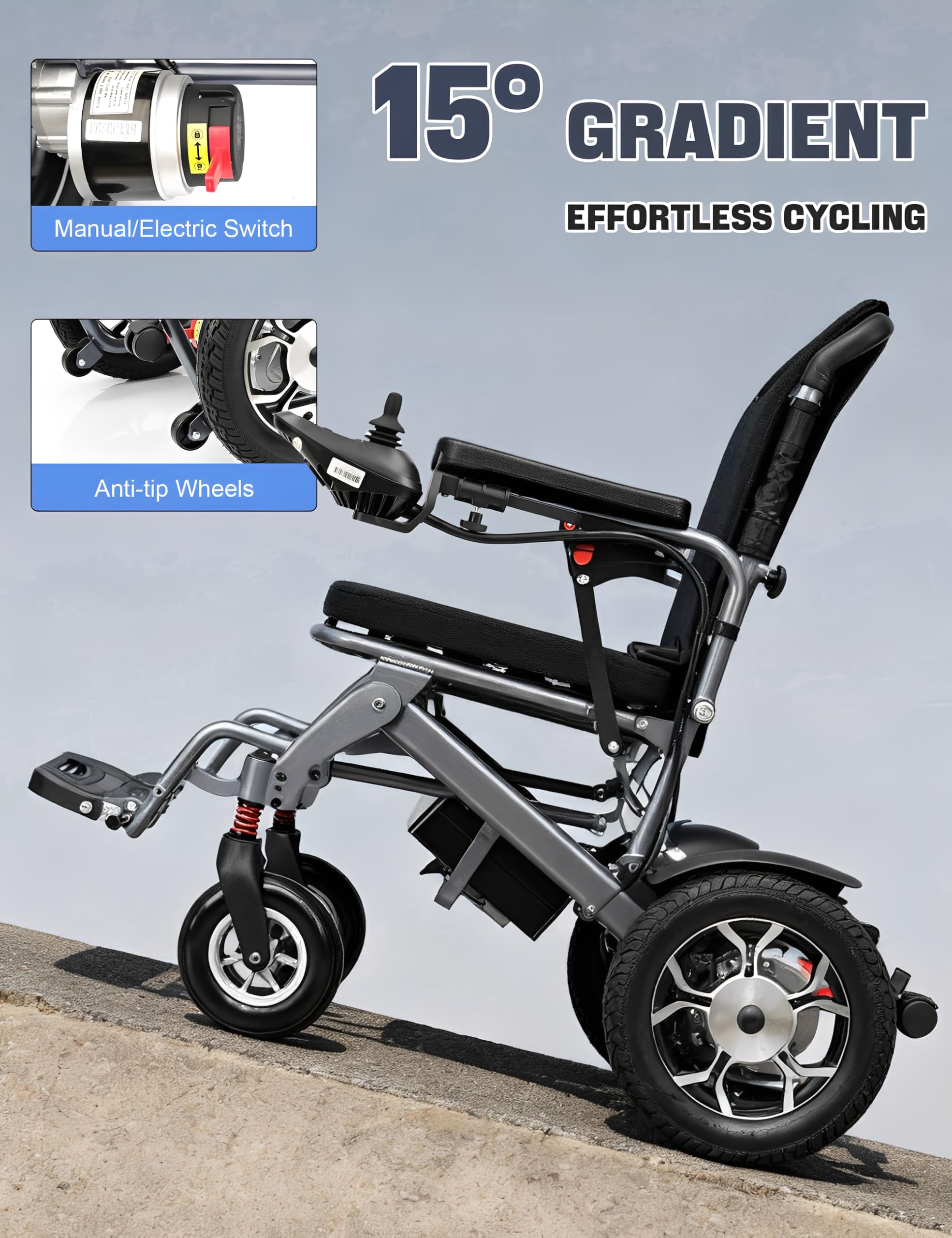 Sillas de Ruedas Eléctricas Plegables Ligeras para Mayores, Autonomía 25 km | Motor 500 W, Batería Extraíble 13 Ah, Capacidad 150 kg, Todo Terreno, Frenado Electromagnético, Silla Ruedas Motorizada