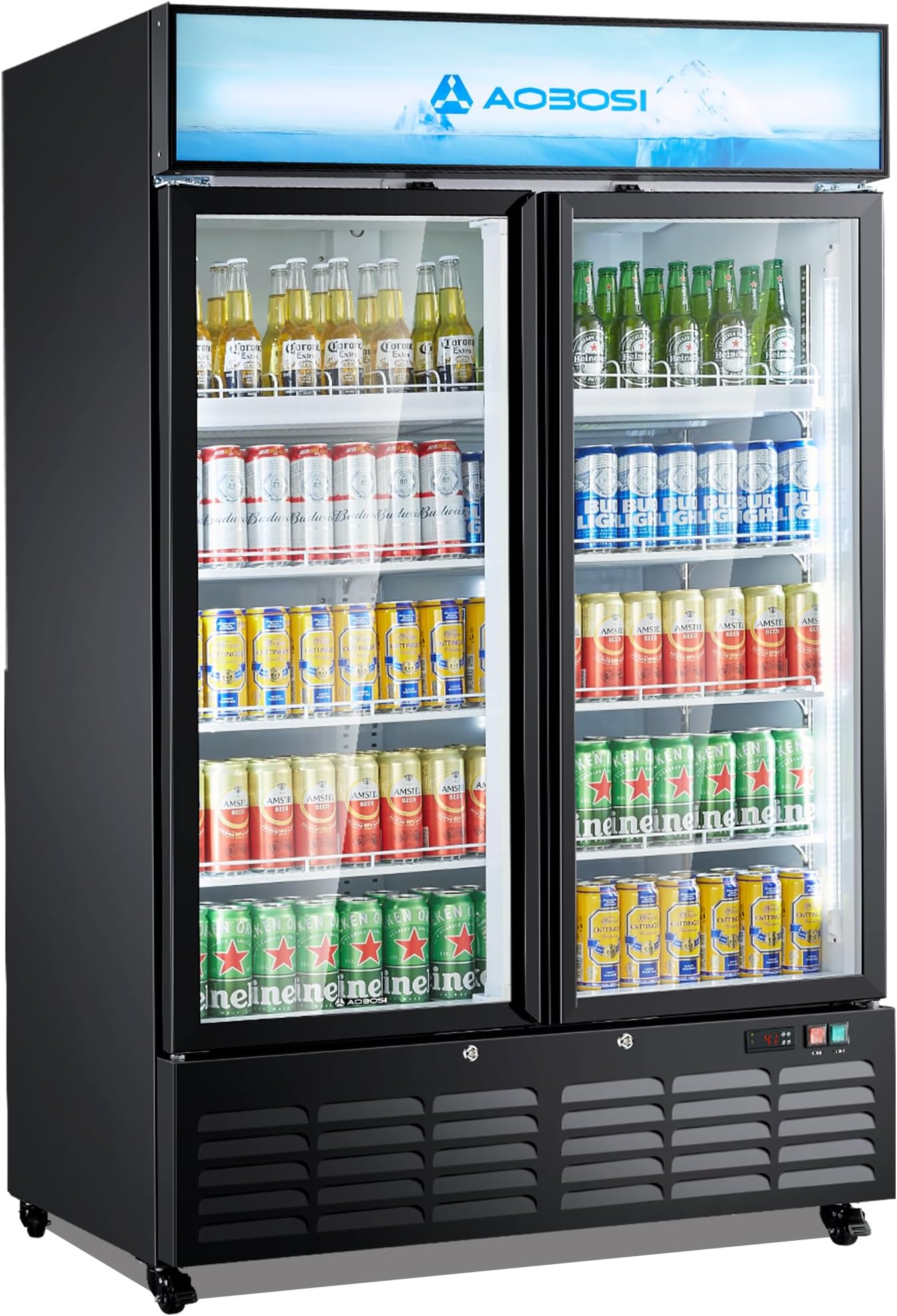 AAOBOSI Commercial Beverage Refrigerator, 27.02 Cu.Ft Double Glass Door Beverage Fridge, Upright Drink Cooler with Soft LED Light,Adjustable Shelves, Perfect for Home Bar, Patio, Garage, Black