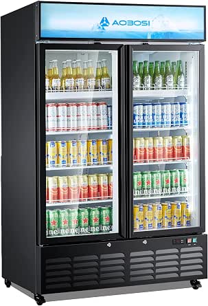 AAOBOSI Commercial Beverage Refrigerator, 27.02 Cu.Ft Double Glass Door Drink Cooler with LED Light, Adjustable Shelves, Black