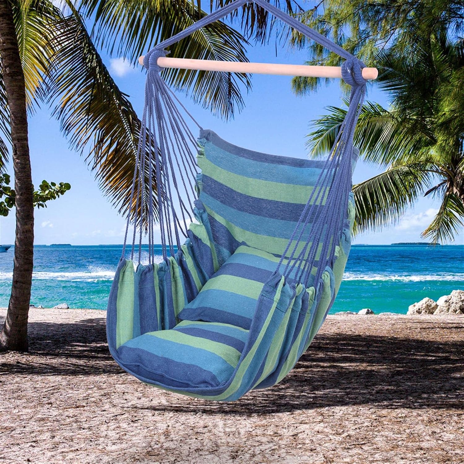 Distinctive Cotton Canvas Hanging Rope Chair with Pillows Blue