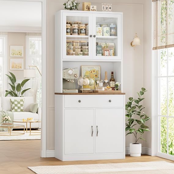 HOCSOK 180cm Tall Kitchen Cupboard with Glass Doors and Microwave Stand