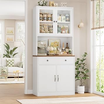 HOCSOK 180cm Tall Kitchen Cupboard with Glass Doors and Microwave Stand