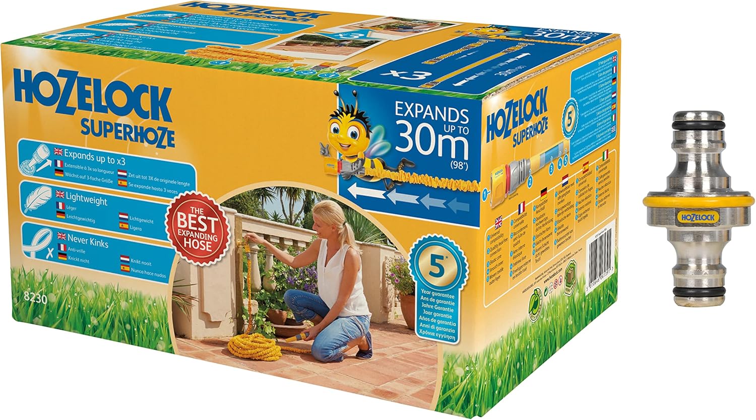 Hozelock 30m Superhoze Hosepipe, Yellow & Grey & Pro Metal Double Male