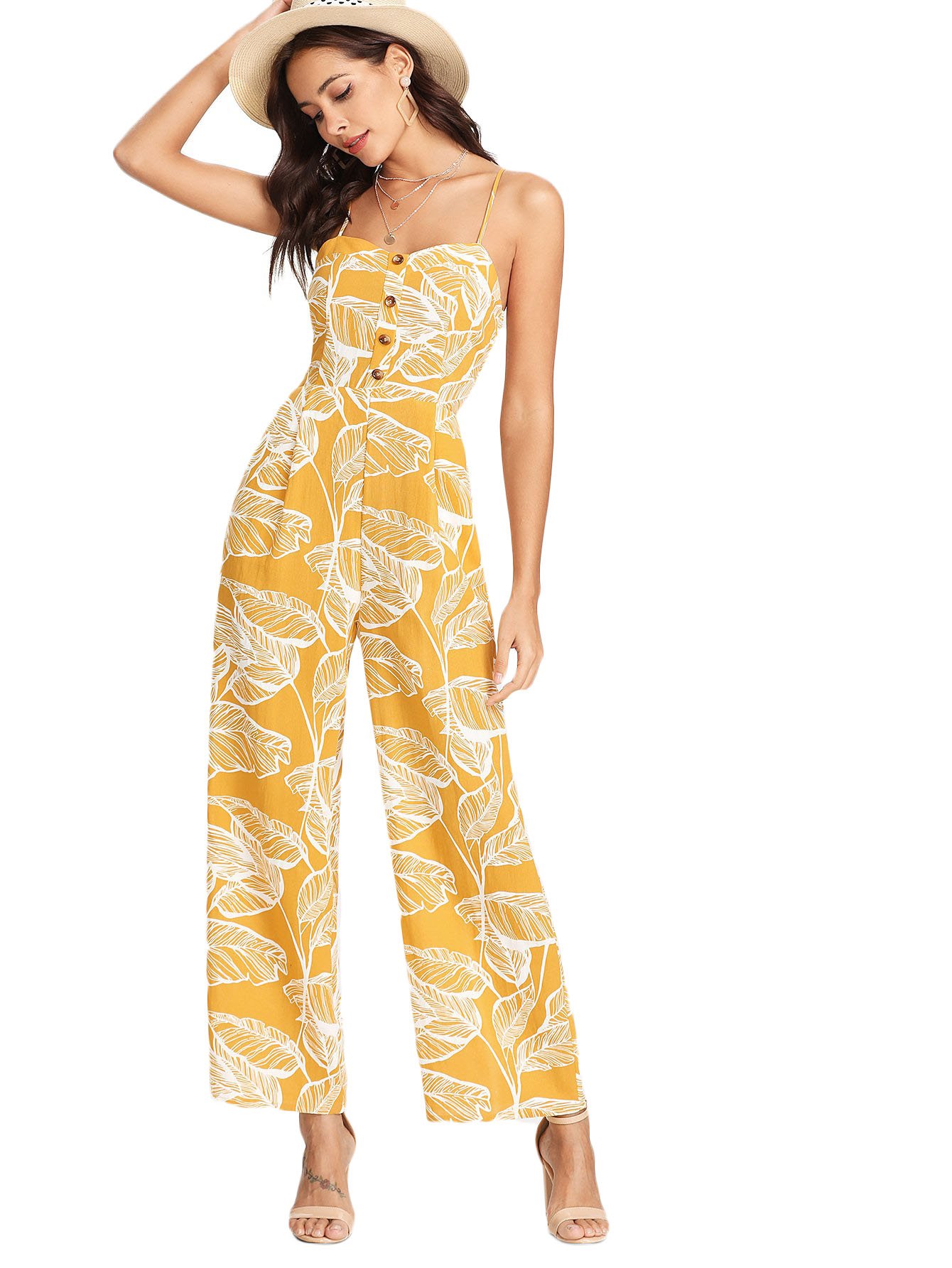Floerns - Women's palazzo jumpsuit with palm leaf print and buttons