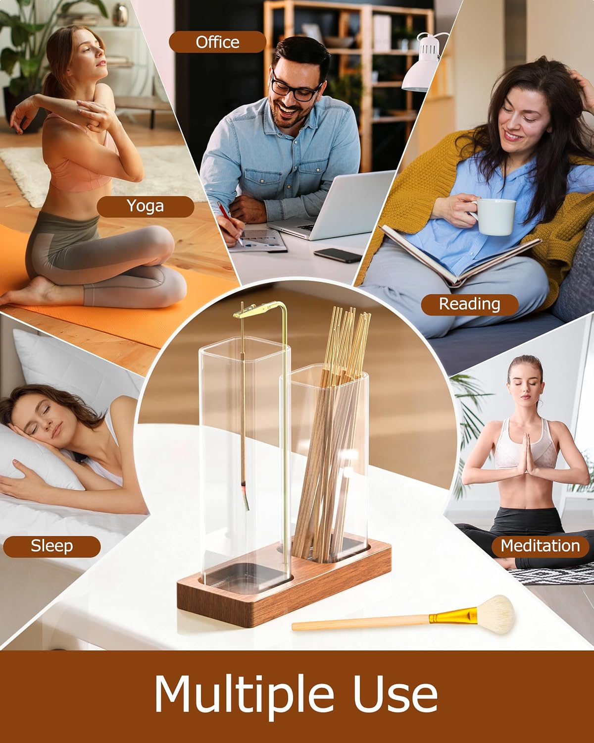 2 in 1 Incense Holder with Glass Jars, Large Incense Holder for Sticks, Upside Down Incense Burner with Ash Catcher & Storage for Meditation Yoga Spa Home Decor - 20 Incense Sticks & Brush