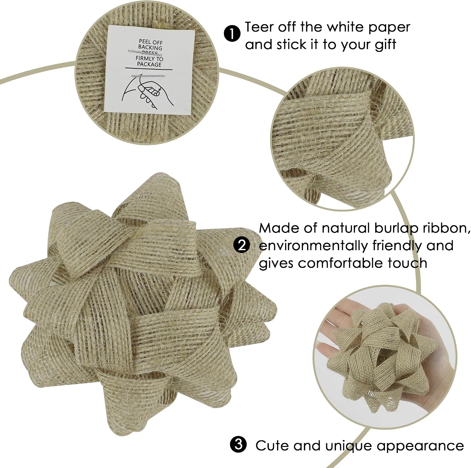 4.5 Inch x 8 PCs Burlap Gift Bows Self Adhesive Bows for Gift Wrapping, Treat Bags, Party Favor, Wrapping Bow for Presents, Christmas, Holiday, Wedding, Thanksgiving, Natural Rustic Bow image 3
