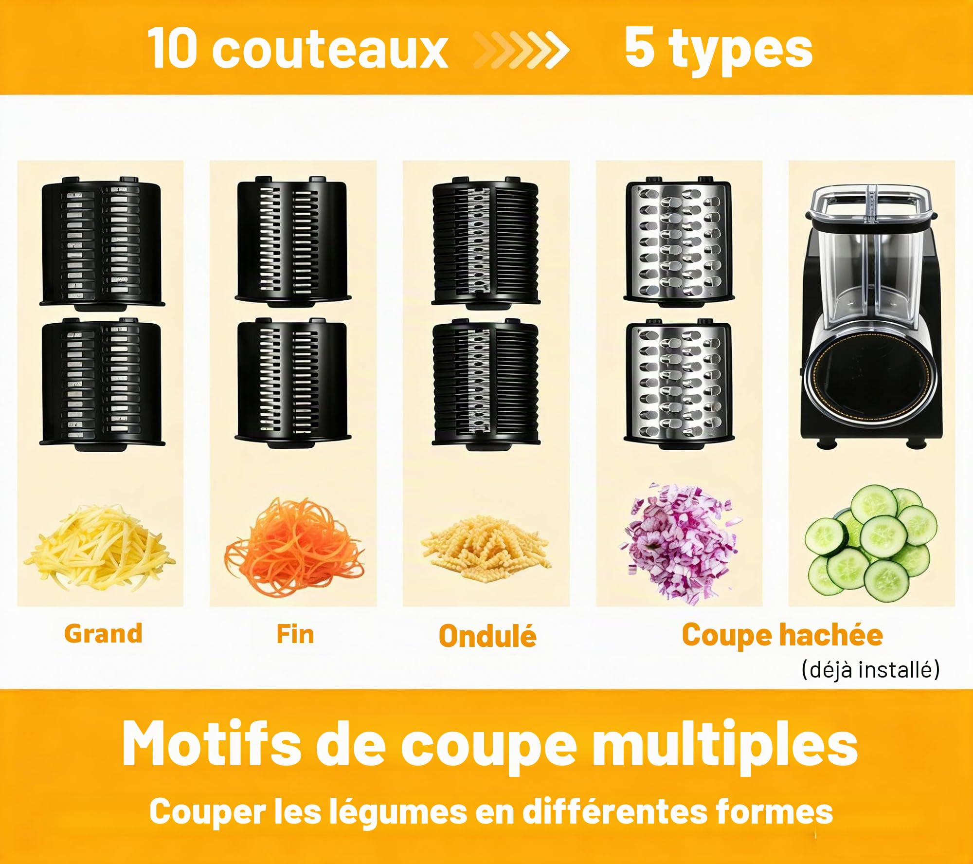 Coupe-légumes électrique 1000 W avec moteur en cuivre, lames en acier inoxydable (10 lames de rechange), matériau ABS, noir, 15 x 12 x 20 cm, autonome