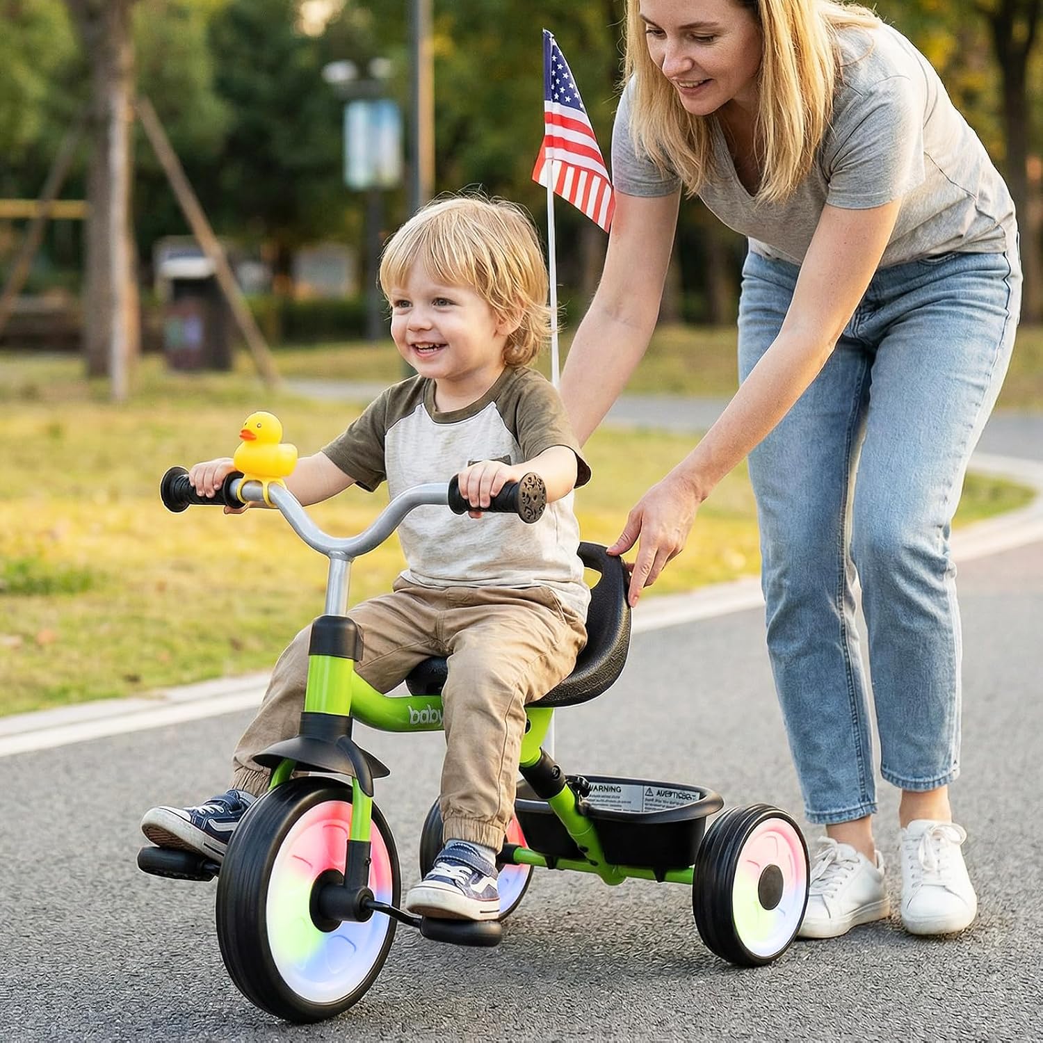 BABY JOY Toddler Bike, Folding Kids Tricycle w/Glowing Wheels, Flag, 3-Position Seat, Storage Basket & Squeaky Duck, Baby Trike Balance Bike for 1-3 Years Old Boys Girls Outdoor Play (Green)