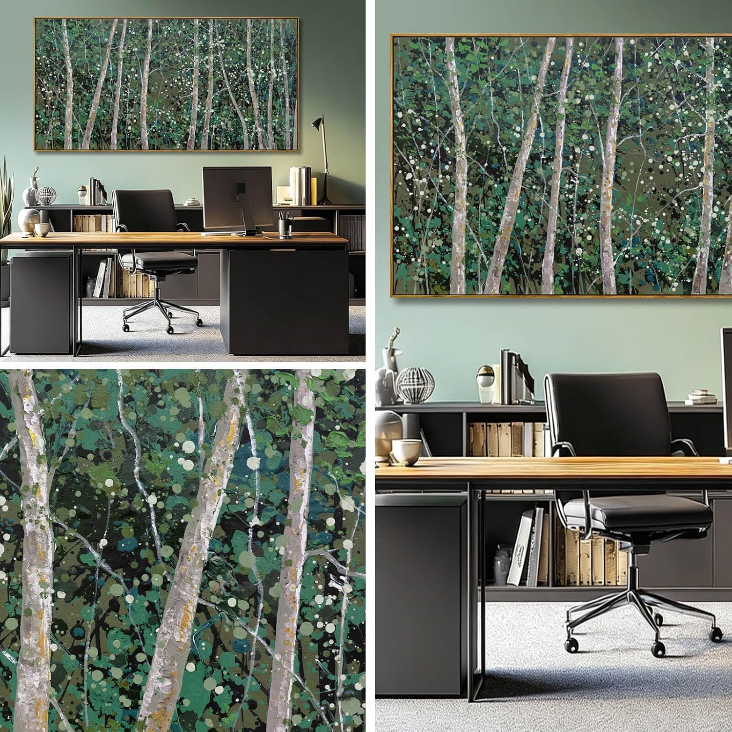 Green forest Framed Canvas Wall Art, Golden Speckled Light Wall Decor,Tree Pictures Artwork, Nature Landscape Art Prints for Living Room, Bedroom, Office 29"x58"