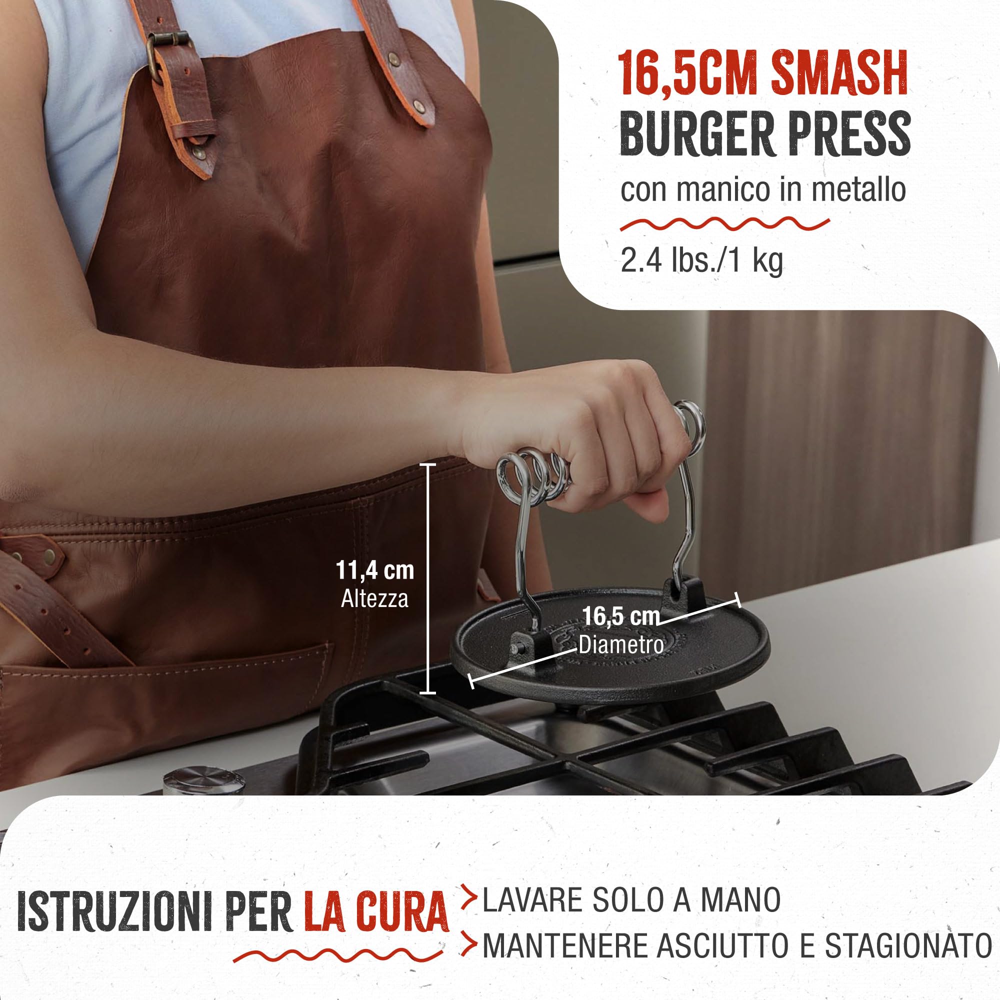 VICTORIA Smash Burger Press, Pressa per Hamburger in Ghisa Stagionata 16,5 cm per Carne da Barbecue, Manico Resistente al Calore, Senza PTFE