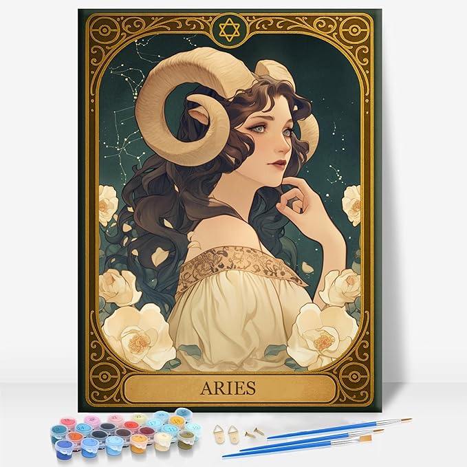Aeontinity Aries Tarot Card Zodiac Signs Framed Canvas DIY Paint by Numbers Kit Bar Cafe Cave Home Room Wall Bathroom Porch Patio Decor Gift, 16 x 12 Inch
