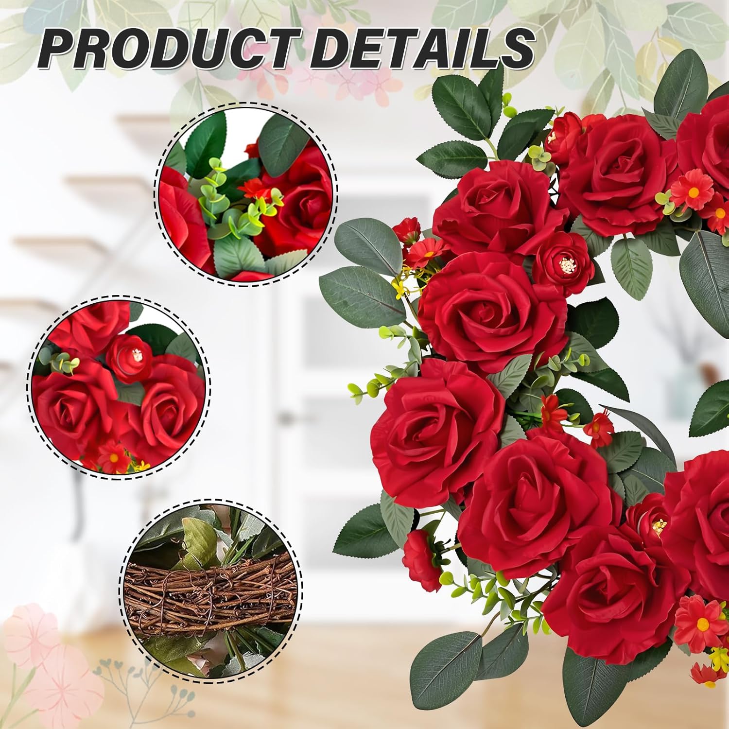 22 in Red Rose Wreaths for Front Door - All Season Outdoor Wreath Gift for Wedding Festival Porch Decor