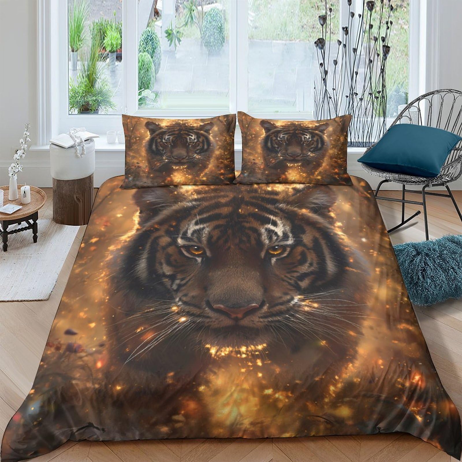 Ctjqhvkz Style-9 3D Printed Golden Tiger Fitted Sheet Microfiber Soft Breathable Fire Pattern Mattress Cover For Bedroom Dorm Decor Single（135X200cm）