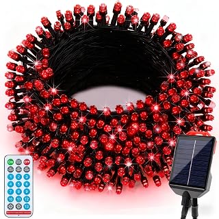 Solar Christmas Lights Outdoor Waterproof,13 Modes 118Ft 300LED Solar Powered String Lights for Tree Outside Garden Patio Fence Christmas Decorations (Red)