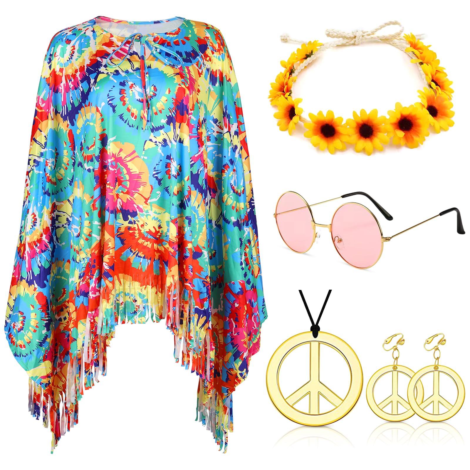 YADODO Hippie Costumes Women Hippie Wigs Teen Girls Boho 70s Costume 80s Accessories 60s Retro Festival Outfit - Sunglasses Peace Necklace Headband- Rock Retro Disco Fancy Dress (C)