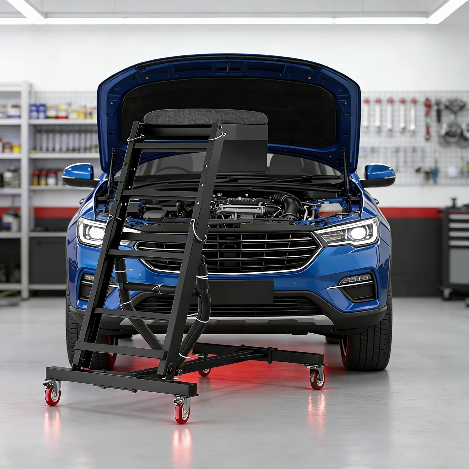 YOHKOH Topside Creeper with 46" to 66" Height & 2 Tool Bags, Angle Adjustable Service Platform, 4 Casters (2 Locking) Folding Heavy-Duty Carbon-Steel Black Top Side Creeper for Automotive