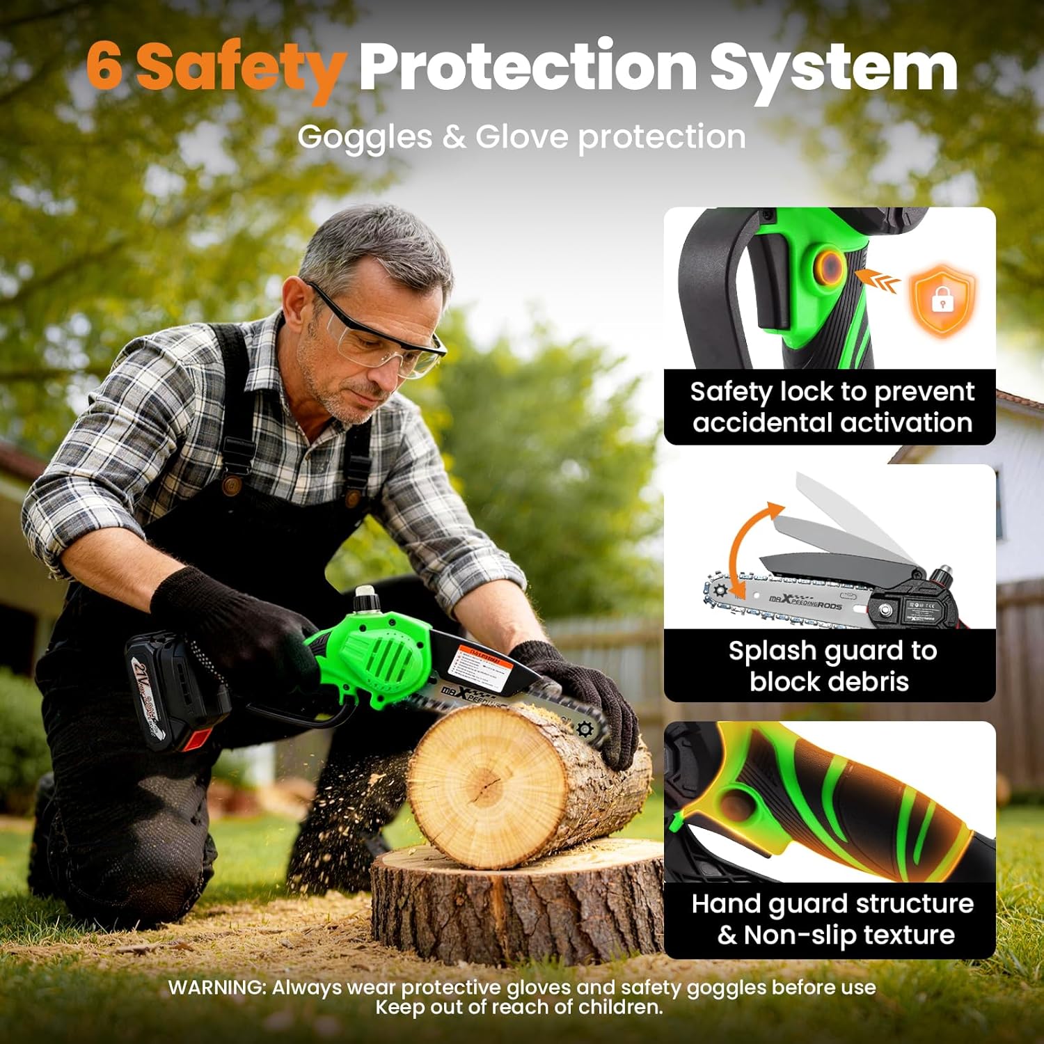 maXpeedingrods Mini Chainsaw Cordless, 6 inch Chainsaw Handheld Power Chain Saws with 2 Batteries, 3 x Durable Chains, Electric Chainsaw Lightweight Handheld Saw for Tree Trimming Wood Cutting, Green