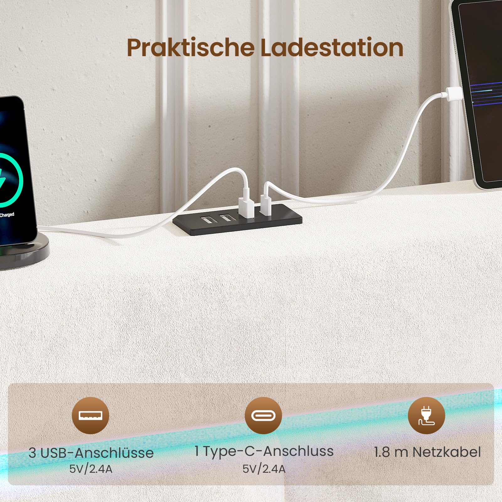 AOGLLATI Polsterbett 140×200 mit Stauraum Jugendbett 140×200 mit Steckdosen und LED-Beleuchtung, 30cm Hydraulischer Stauraum, Bettgestell mit Lattenrost aus Holz, Edler Samtstoff (Beige,140x200cm)
