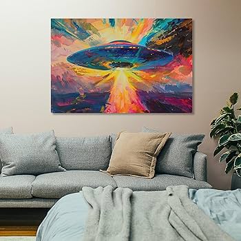 Amazon.co.jp: 絵画 UFOの到来インテリア 絵画 油絵イラスト