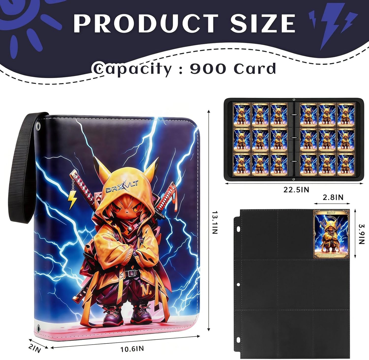 Card Binder 9 Pocket Crossbody Shoulder Strap – Zipper Closure, 900 Pockets, 50 Double-Sided Sideloading Pages, Waterproof &Acid-Free, Trading Card Album Compatible with TCG/MTG/Pokemon/Sports