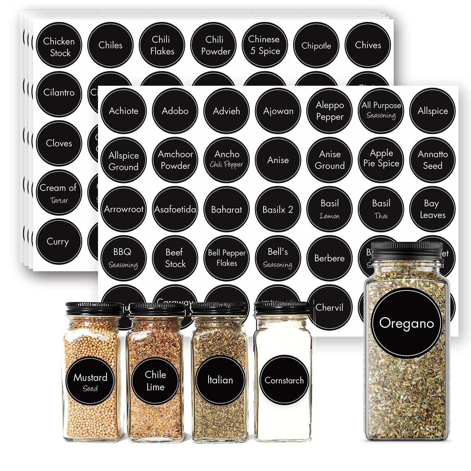 v2croft 140 Spice Jar Labels - 1.5" Round Seasoning Stickers, White Text on Black Matte Backing,Waterproof Label for Spice Containers,Herb Seasoning Glass/Bottles,Kitchen Organization Storage