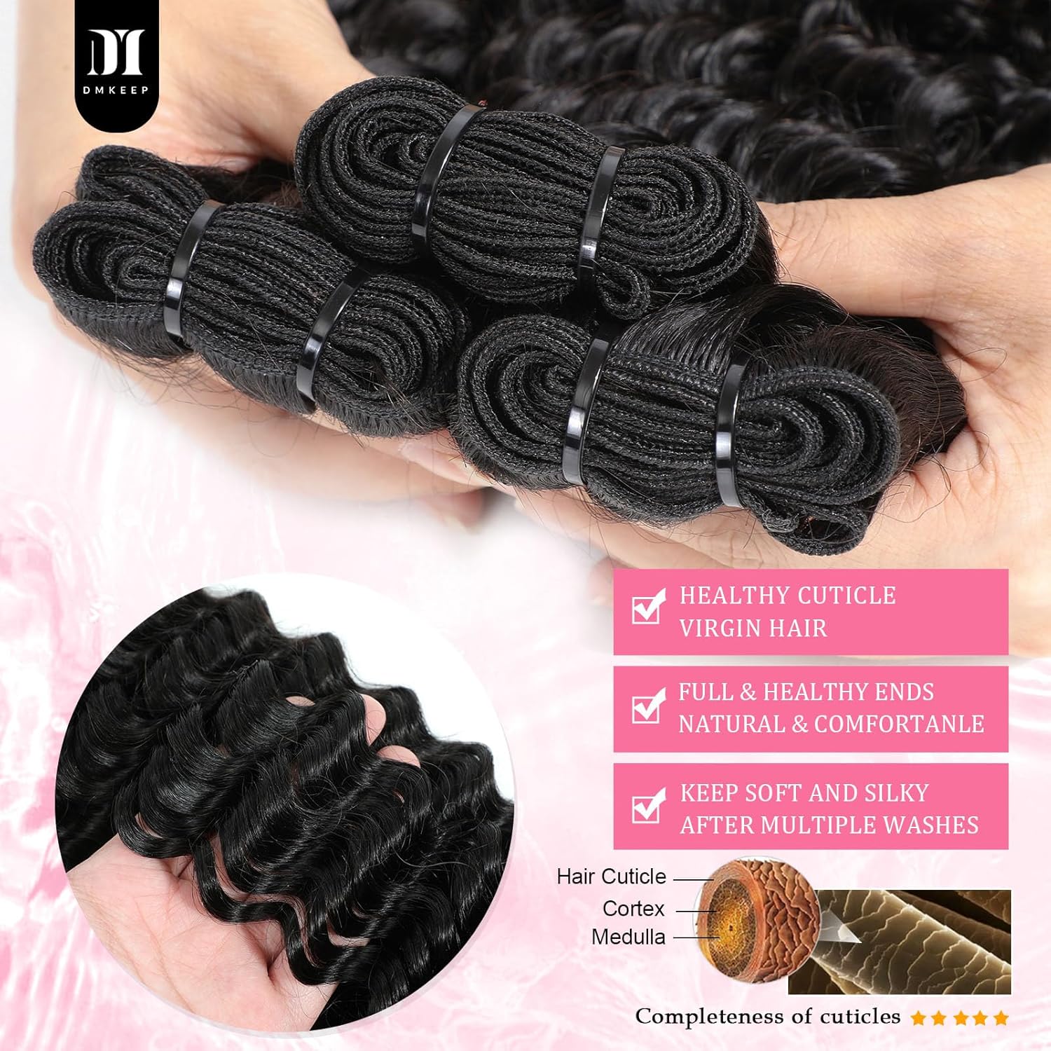 DMKEEP 12A Deep Wave Bundles Human Hair 26 28 30 Inch 100% Unprocessed Brazilian Virgin Hair 3 Bundles Curly Virgin Hair Weave Wet and Wavy Bundles Human Hair Natural Color