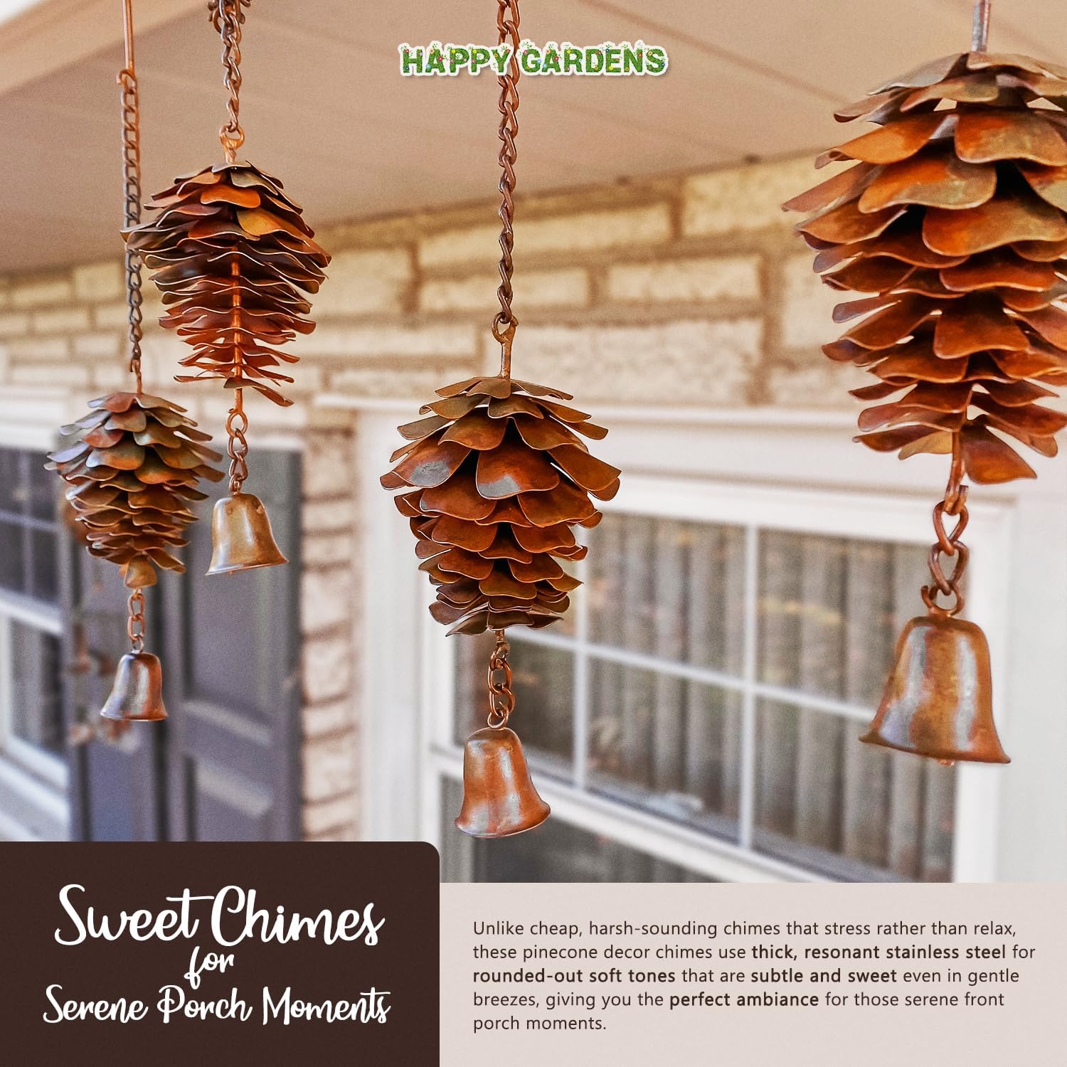 Happy Gardens Pine Cone Ornament with Bells | Bronze Metal Fall Wind Chimes, Pine Cones Decorations | Decorative Hanging Ornaments, and Garden Decor