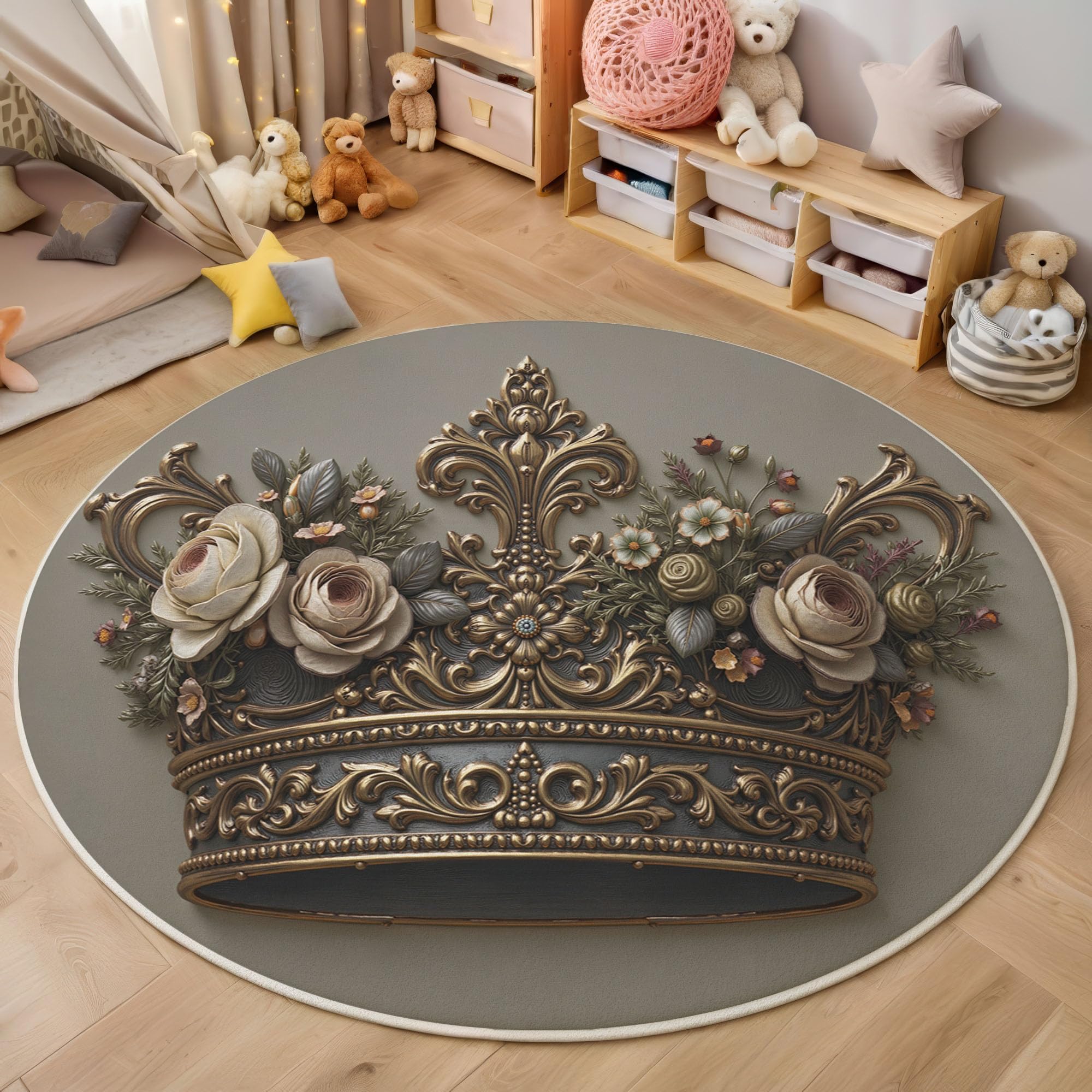 Tapis rond style rétro français 80cm bronze or, revêtement antidérapant lavable en machine