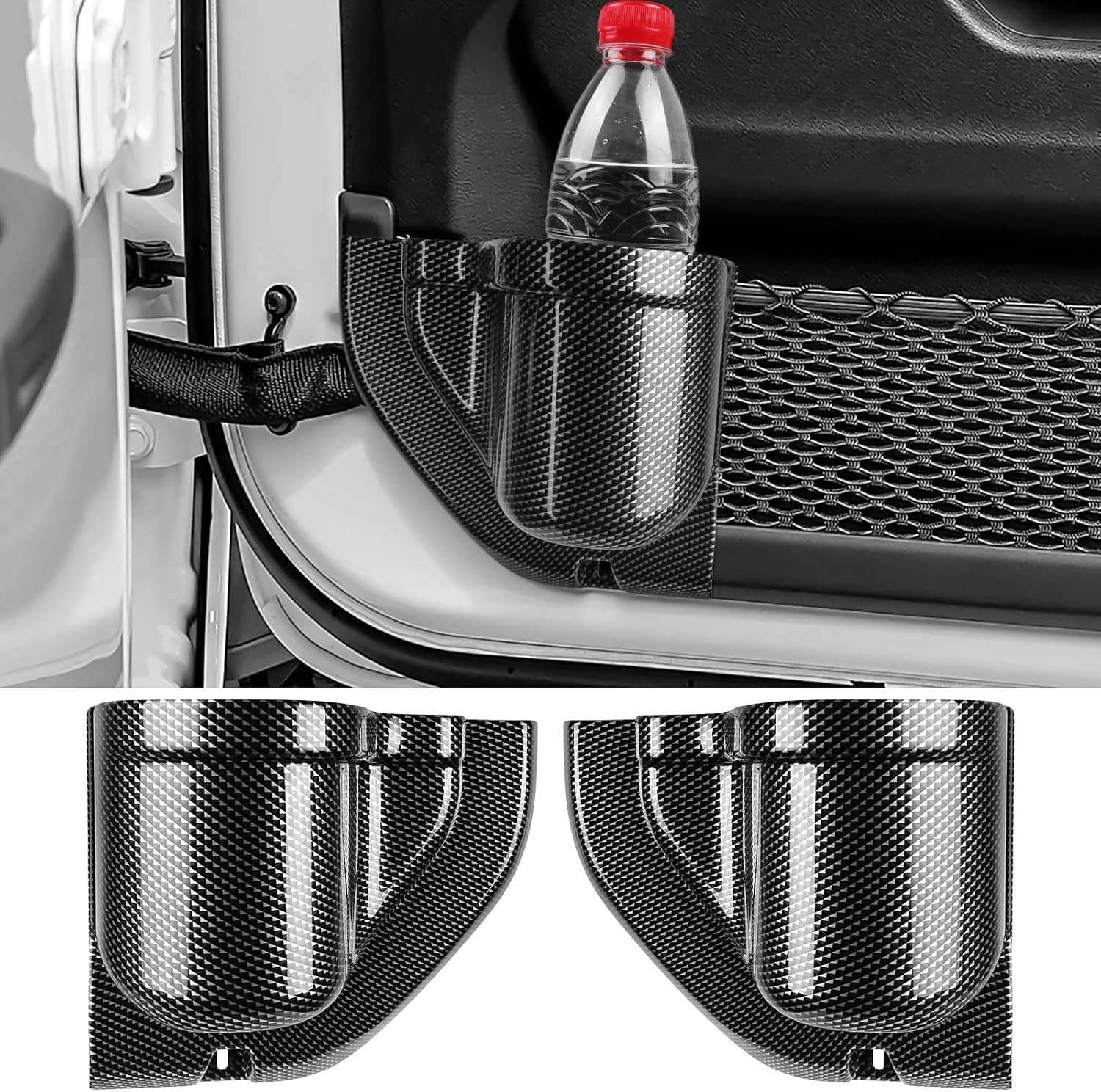 BIBLOZ 2PC Front Door Storage Pockets for Jeep Wrangler JL JLU Sport Sahara Rubincon 2018-2024 2025 Accessories Plastic Cup Holder Storage Box Door Side Insert Organizer Box (Front Door(Carbon Fiber))
