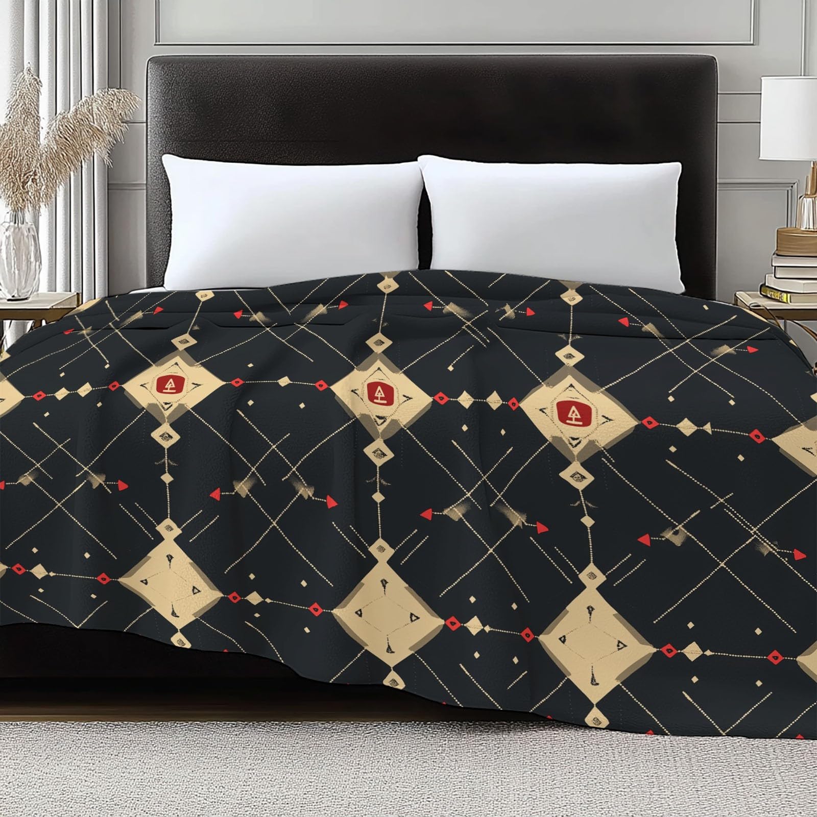 Koc flanelowy 220 x 240 cm w stylu retro, puszysty koc z mikrofibry, na sofę i łóżko, miękki i ciepły koc flanelowy, czarny