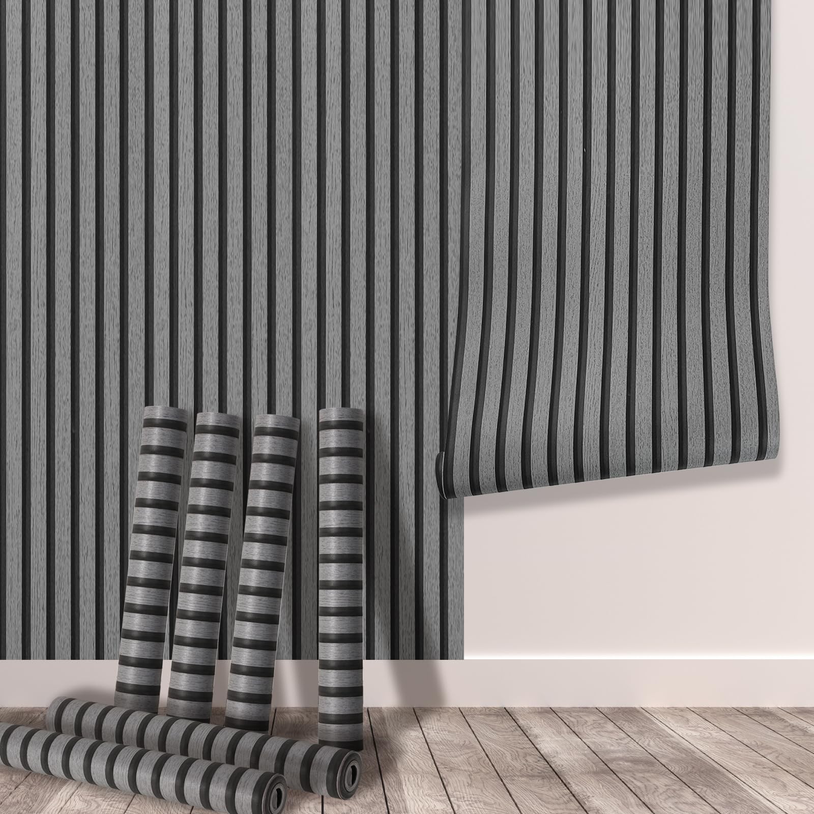 Tarwanear 6 Rolls Wood Effect Wallpaper Wood Slat Wallpaper 30.18m² Dark Grey Wooden Slat Effect Wall Paper Natural Wooden Slatted Roll for Living Room Bedroom Office Front Desk Feature Wall — image 1
