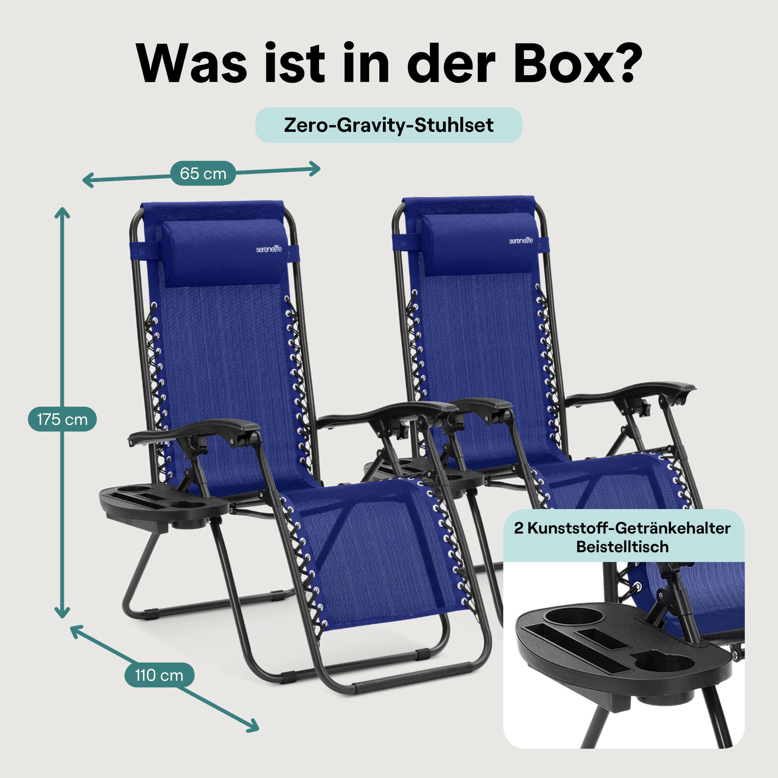 SereneLife Sonnenliege Klappbar 2er Set, Zero Gravity Liegestuhl Garten, bis 120 kg Blau, Verstellbar und Wetterfest, mit Getränkehalter und Kopfstütze, für Balkon Terrasse Strand Relax