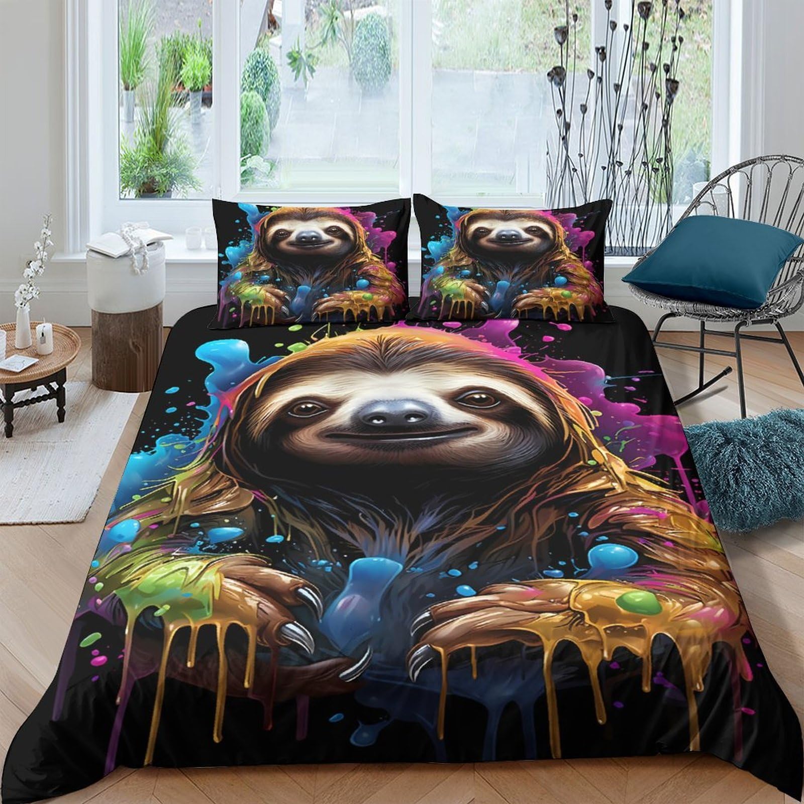 GPLZQXKJNH 3D Printed Colorful Sloth Duvet Cover Microfiber Soft Breathable Graffiti Animal Bedding Set with 2 Pillowcases for Bedroom Home Single（135x200cm）