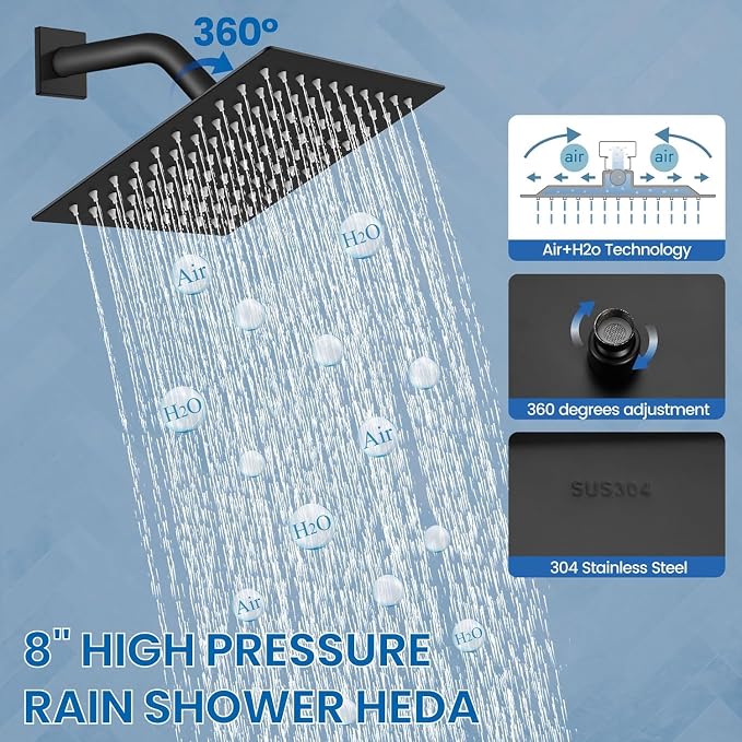 Grifería de ducha cuadrada 8" con caño, negro mate miniatura 4