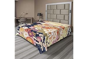 Lunarable Oriental Flat Sheet, Kimono Style Navy Cream, Queen Size