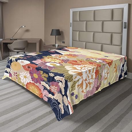 Lunarable Oriental Flat Sheet, Kimono Style Navy Cream, Queen Size