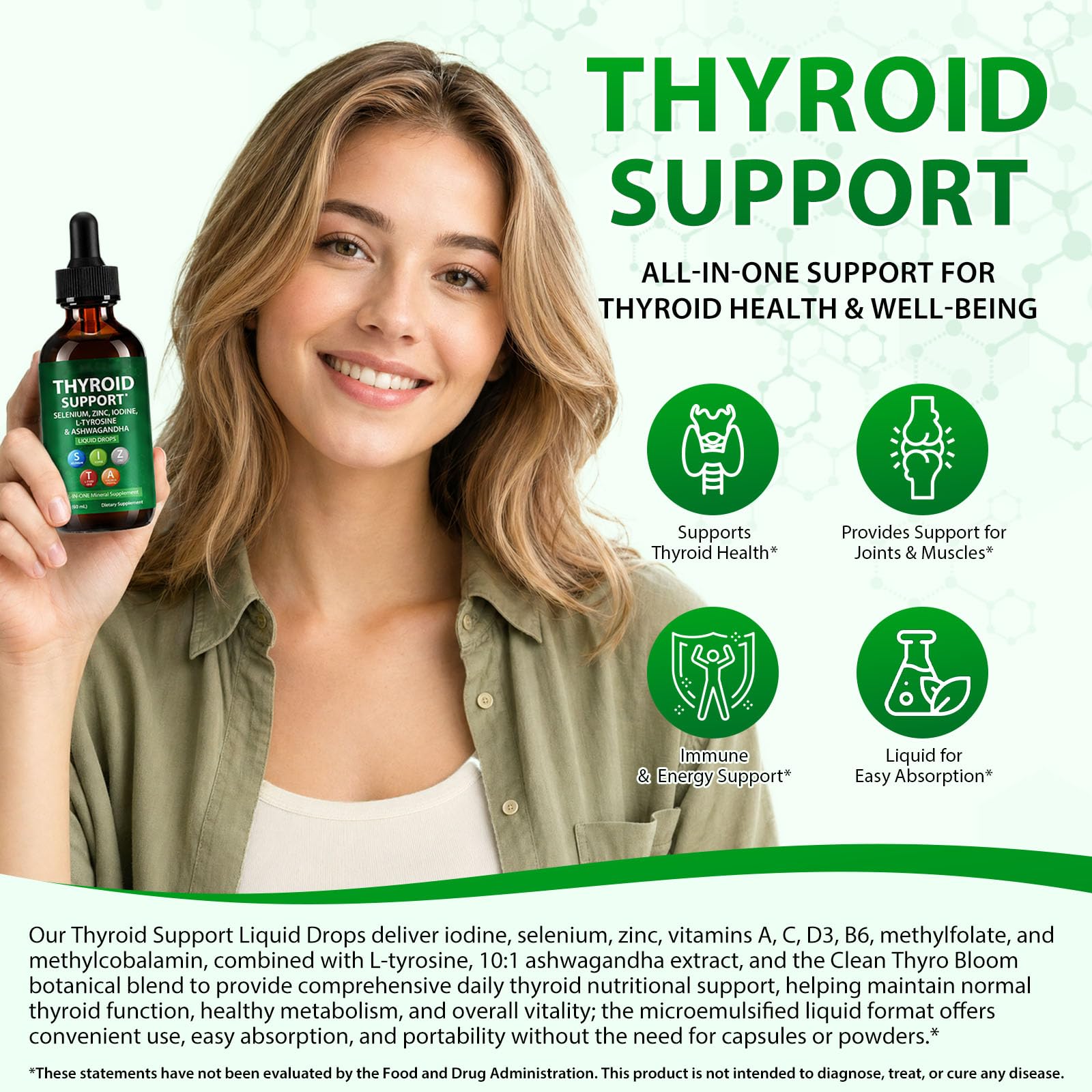 Thyroid Support Liquid Drops, High Absorption with Iodine, Selenium, Zinc, Ashwagandha & L-Tyrosine, Natural Ingredients for Men & Women, 2 Fl Oz — Amazon image 5