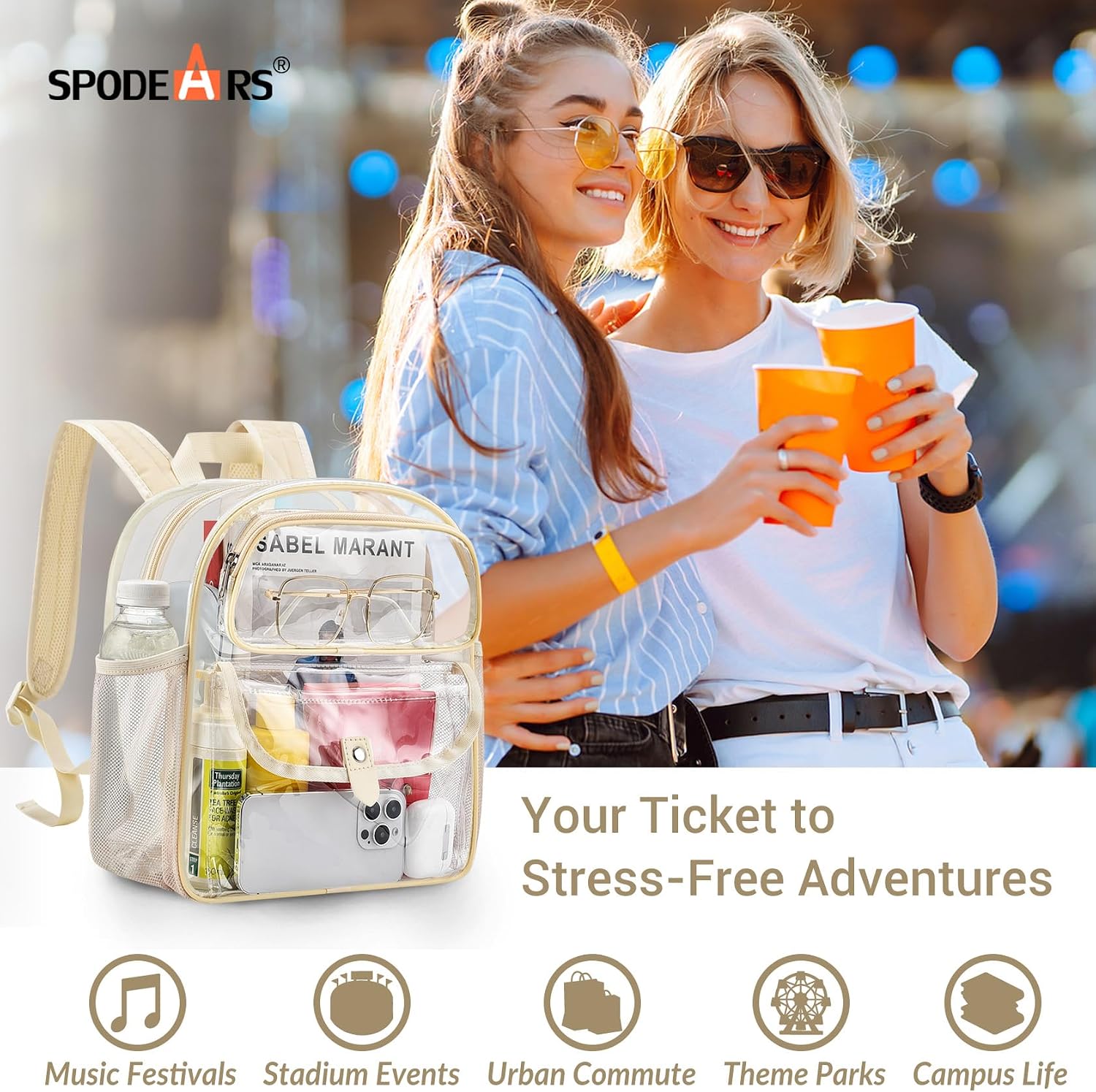 SPODEARS Small Clear Backpack, Stadium Multi-Pocket with Wide Strap