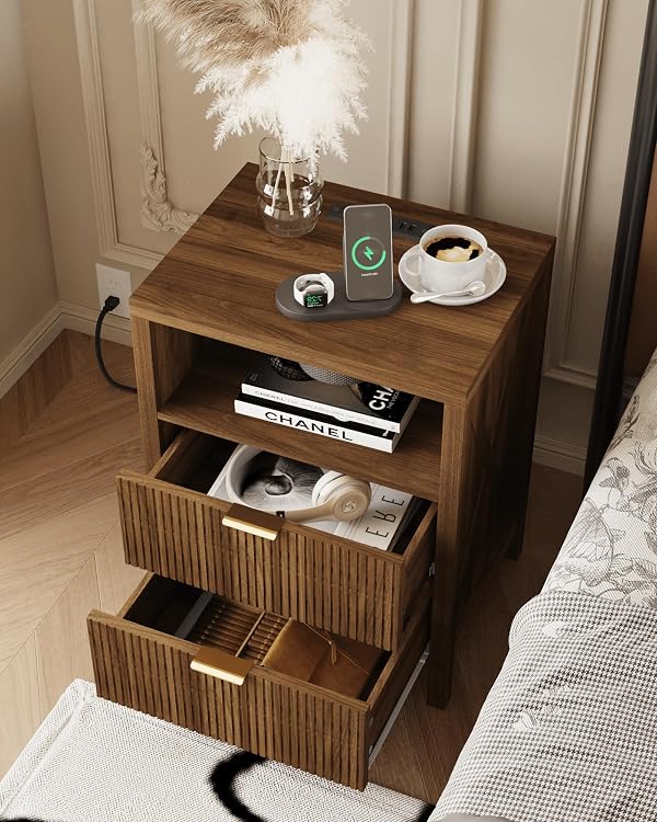 Nightstand with Charging Station,2 Drawer Night Stand with Fluted Panel,Walnut Brown by JOONEE - Image 5