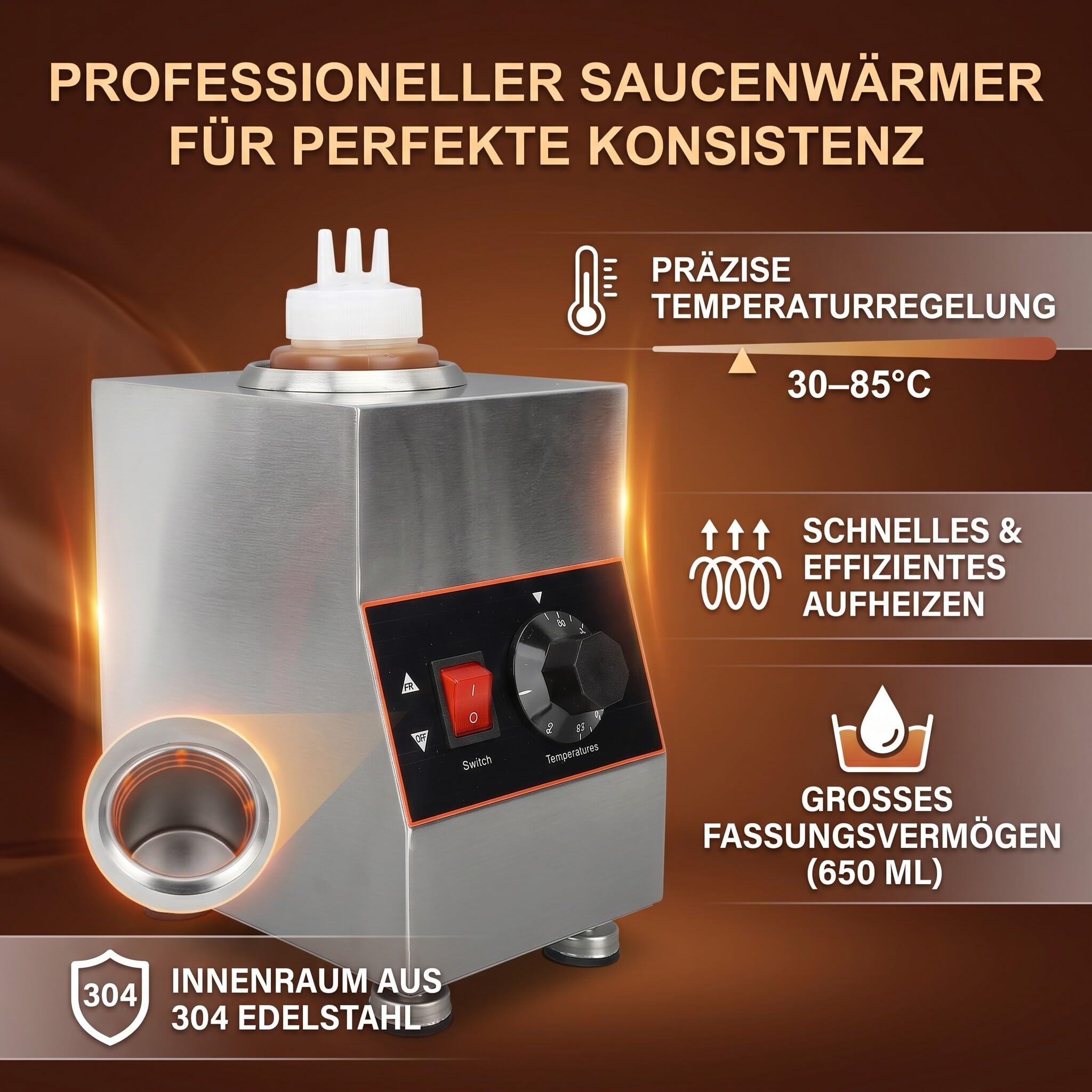 Calentador Eléctrico de Botellas de Salsa, Calentador de Queso Nacho con Botella de 650ML, Calentador de Salsa de Mermelada de Caramelo y Queso Caliente 86-185℉ (Enchufe europeo