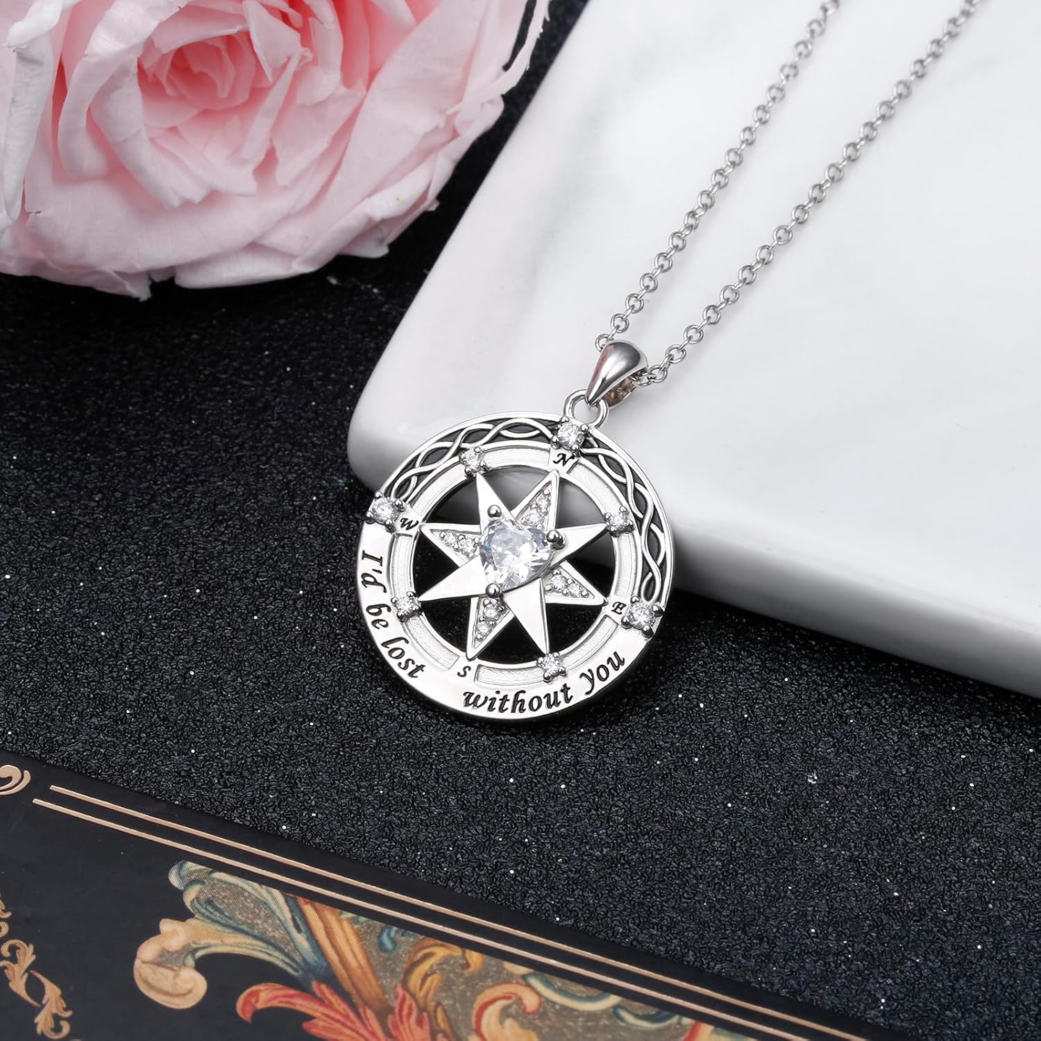 Ladytree Compass Necklace for Women 925 Sterling Silver Heart Cubic Zirconia Compass Pendant I'd be lost without you Jewelry Birthday Christmas Valentine's Day Gift for Wife Fiancée Her,18+2" - Image 6