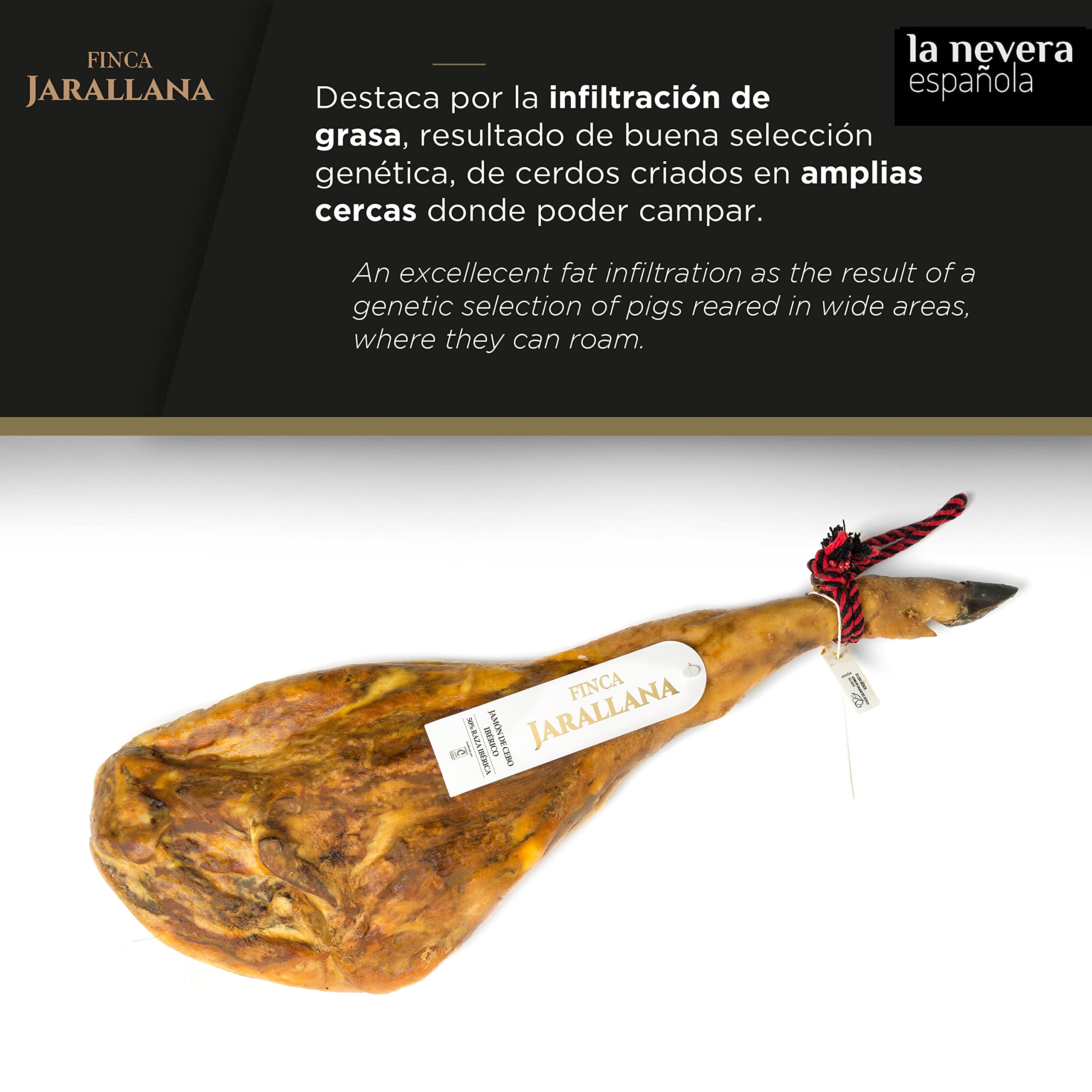 Finca Jarallana - Jamón de Cebo Ibérico 50% - Pieza de 9 kg con Secado Natural - Cerdos de Raza Ibérica Criados en Régimen Extensivo
