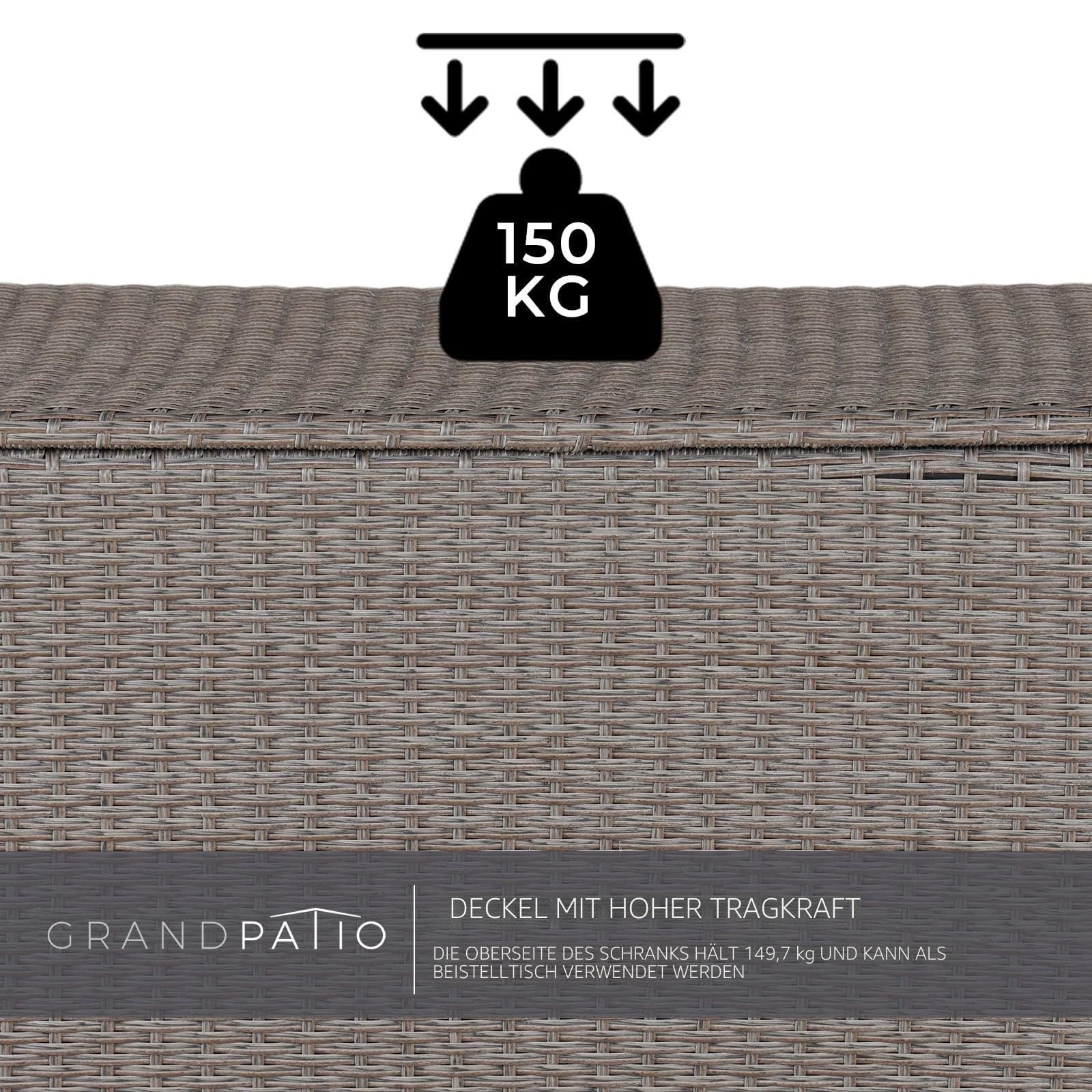 Grand patio Rattan Auflagenbox 480 Liter Gartenbox mit Deckel und Gasdruckfedern, UV-beständig Aufbewahrungskiste mit Zwei Radern, Leicht Bewegen, Kissenbox für Garten, Balkon