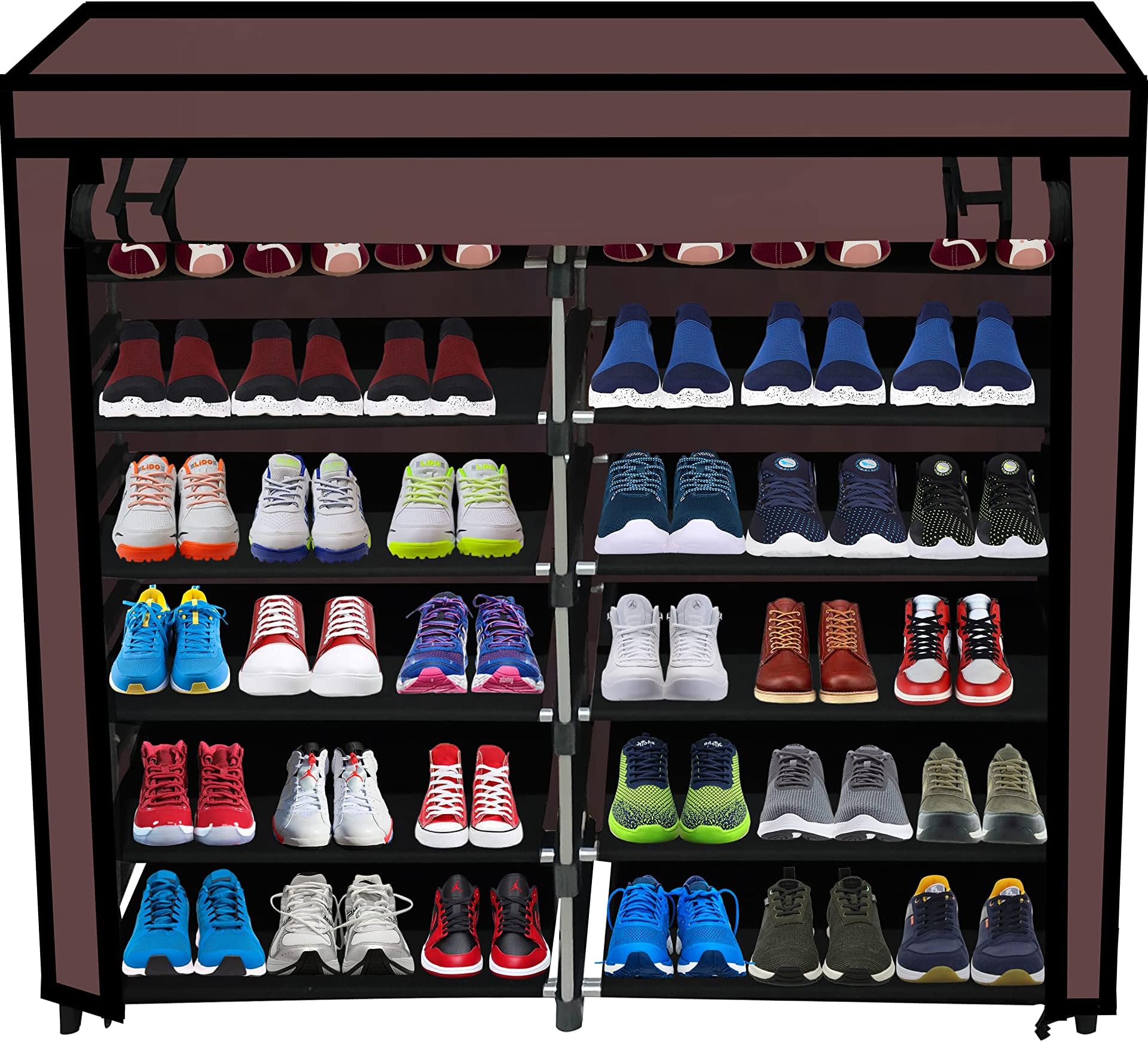 ROBMOB Multipurpose Wardrobe 12 Layer Metal Shoe Rack For Home Improvement Furniture & Adjustable Wardrobe| Shoe Storage Stand With Non Woven Cover For Home & Office| Browm