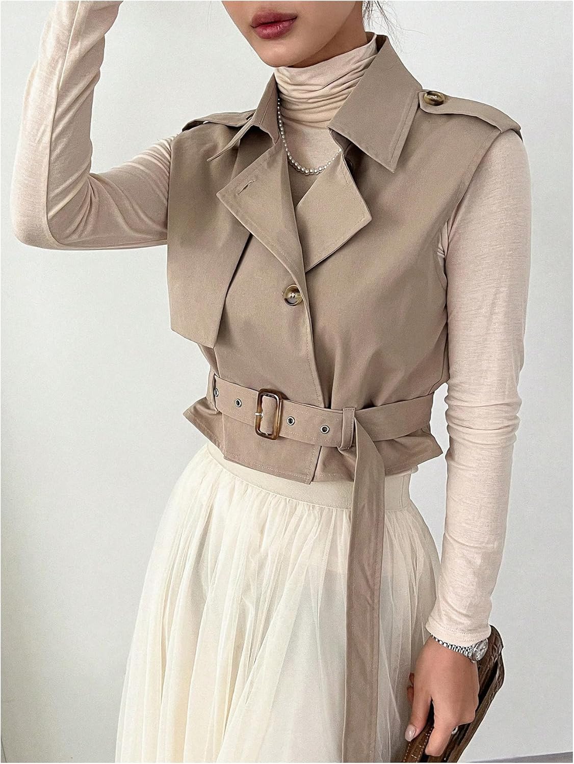 WDIRARA Women's Sleeveless Cropped Trench Coat with Belted Lapel Collar Vest Coat - Image 4