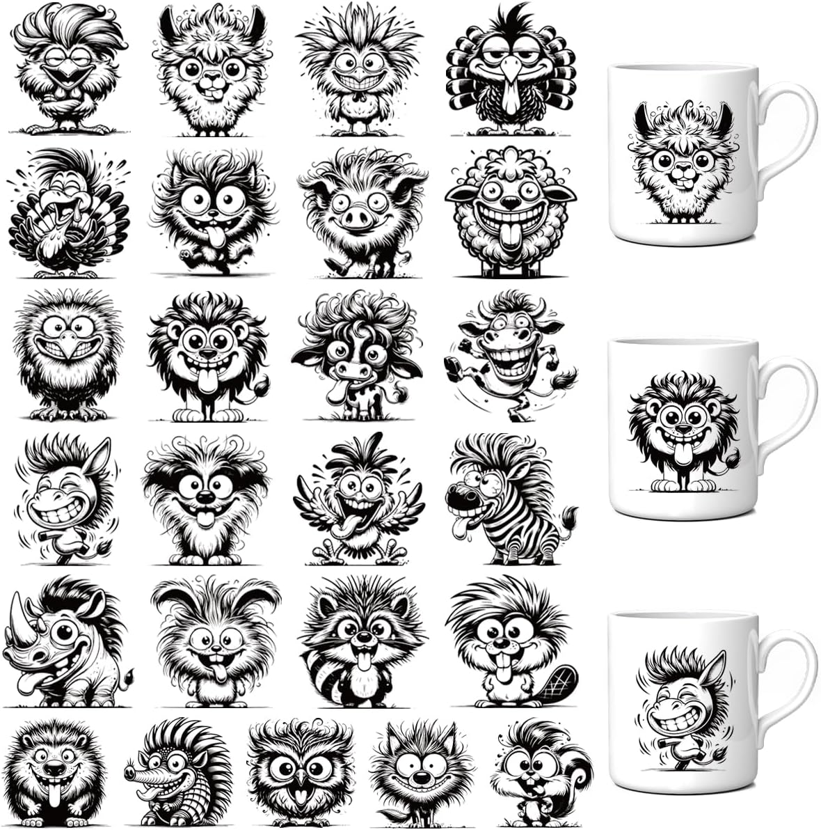 UV DTF Cup Wrap Transfer - 25 Pcs Funny Animal UV DTF Cup Wrap for 16 oz Glass, Water Bottles Coffee Mugs Glass Cups Transfers, Fun Black White Uvdtf Decals DIY Crafts Stickers for Kids Friends