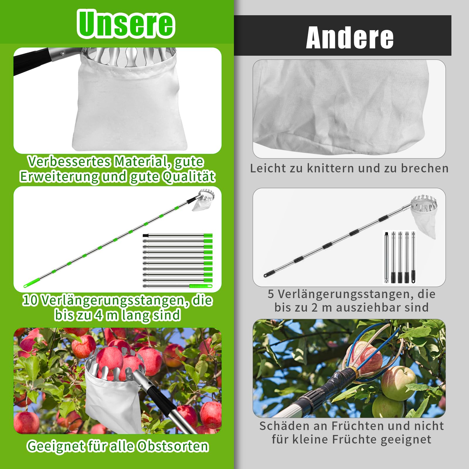 Dreamtop Cueille Fruit Telescopique 4 Metre, Ramasse Pomme Réglable Inoxydable Cueille Pommes, Outil Cueillette Jardin Arbre Poires Pêches