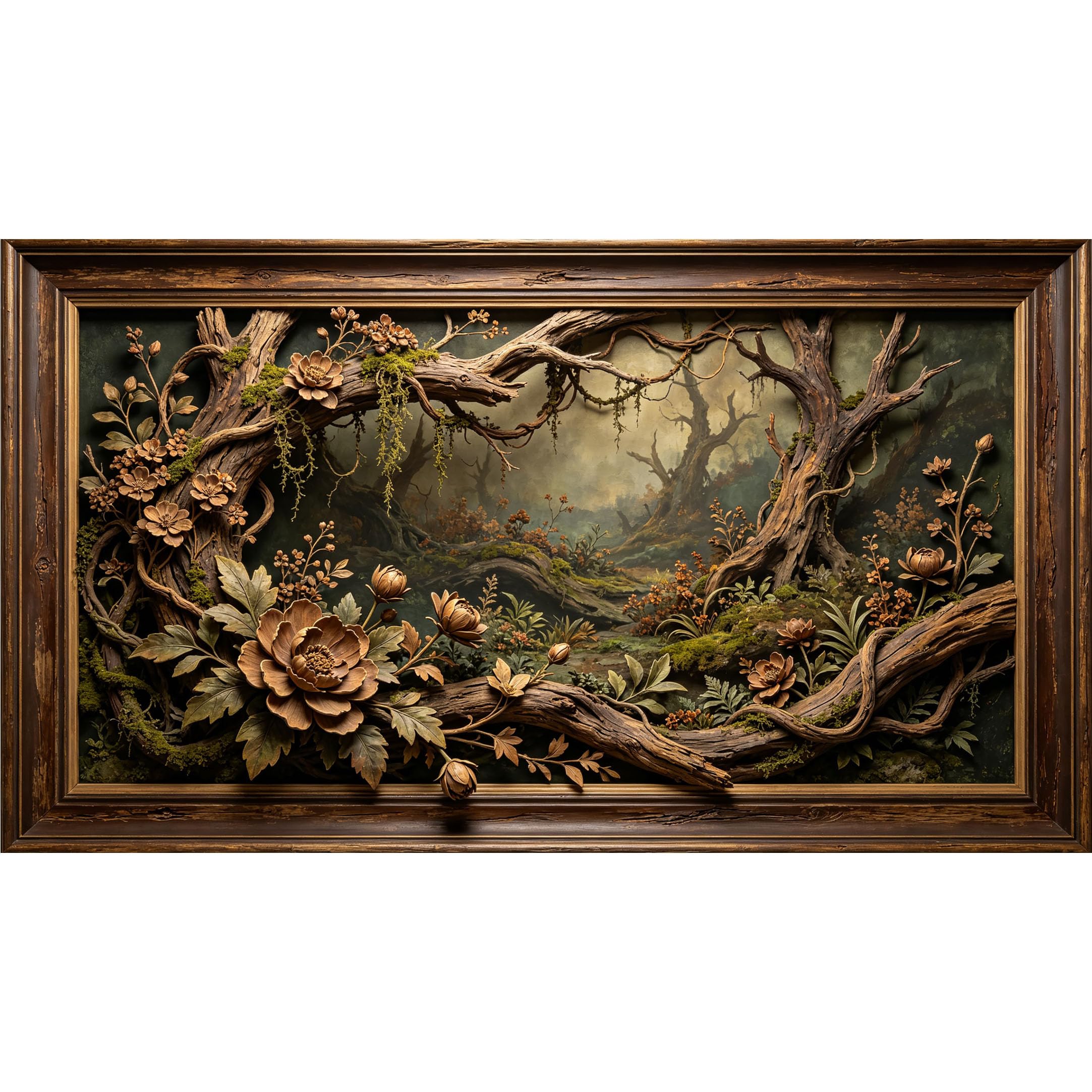 QZLITHOTIC 50×90cm3D Framed Wall Art， Botanical Forest Wood Carving Style SelfAdhesive Mural， WaterActivated Peel & Stick Fabric Decor Wall Decal for Bedroom Living Room